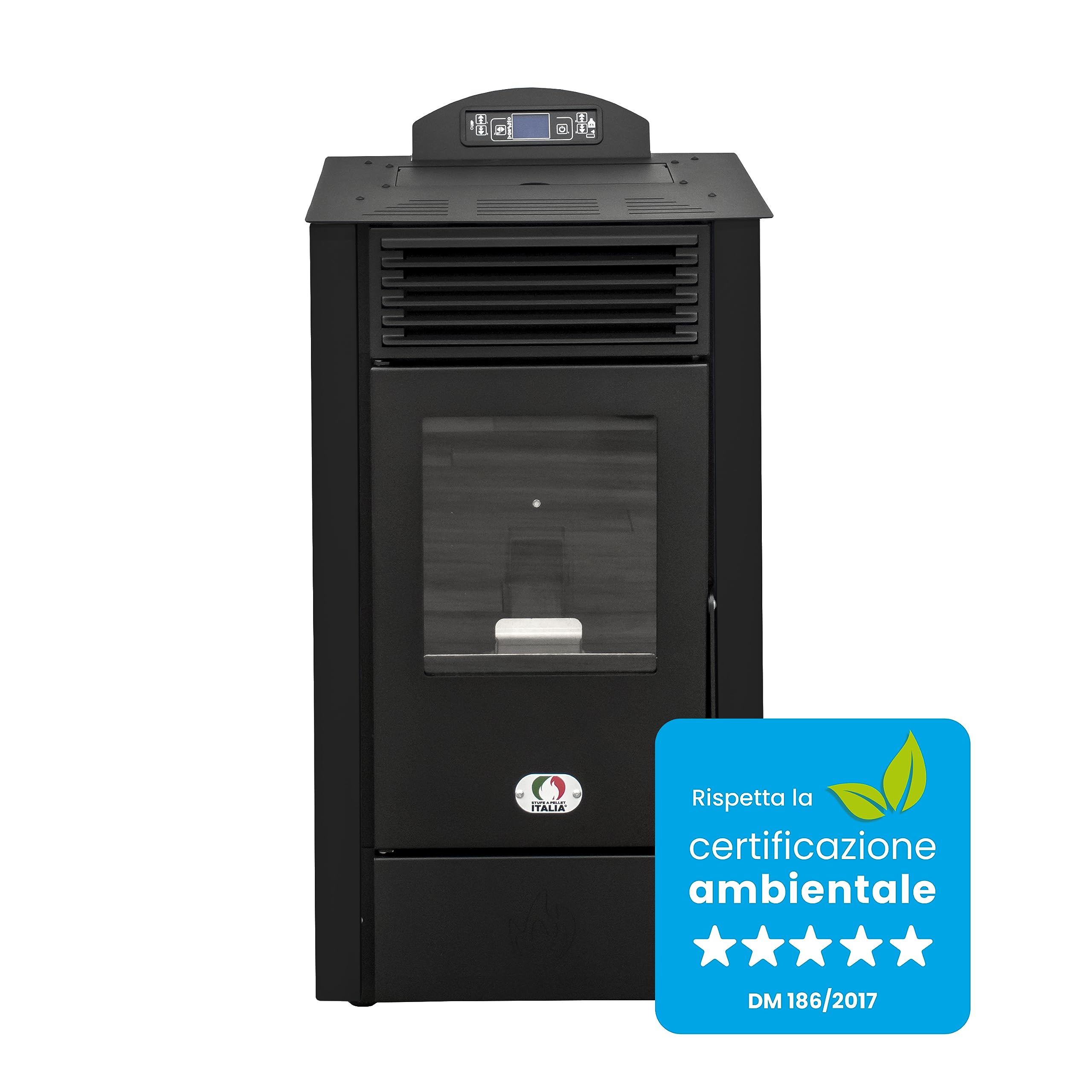 STUFE A PELLET ITALIA California 9 KW 5 Stelle - Stufa ad Aria Ventilata Efficienza 92% Scalda 80m² Autonomia 20H Programmabile 5 Velocità e Potenze Design Compatto Garanzia 24 Mesi Nero