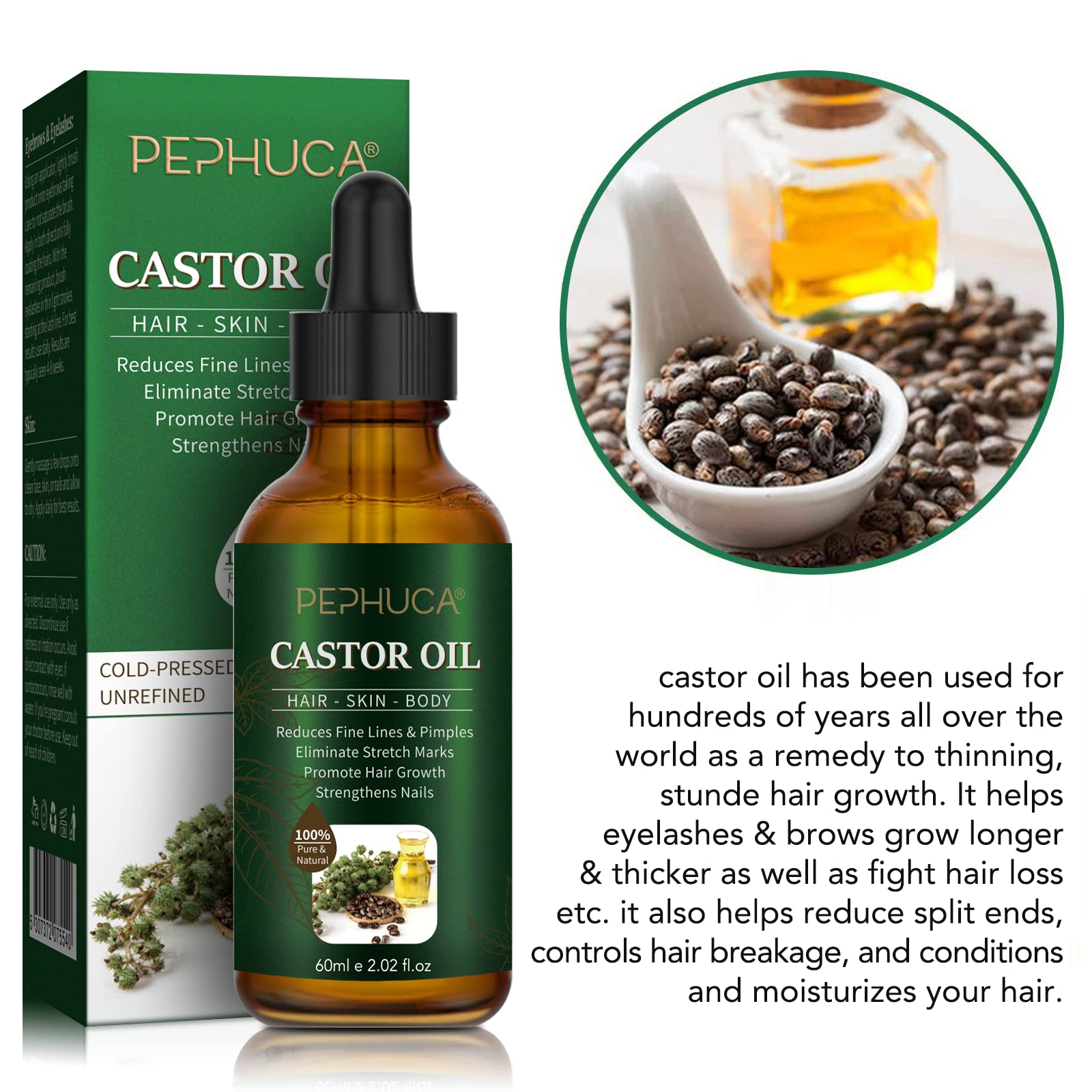 Olej rycynowy – Bio Castor Oil do włosów, rzęs, brwi, brody, paznokci, 100% czysty i naturalnie tłoczony na zimno, stosowany do wzrostu włosów, krem nawilżający i serum do rzęs, 60 ml