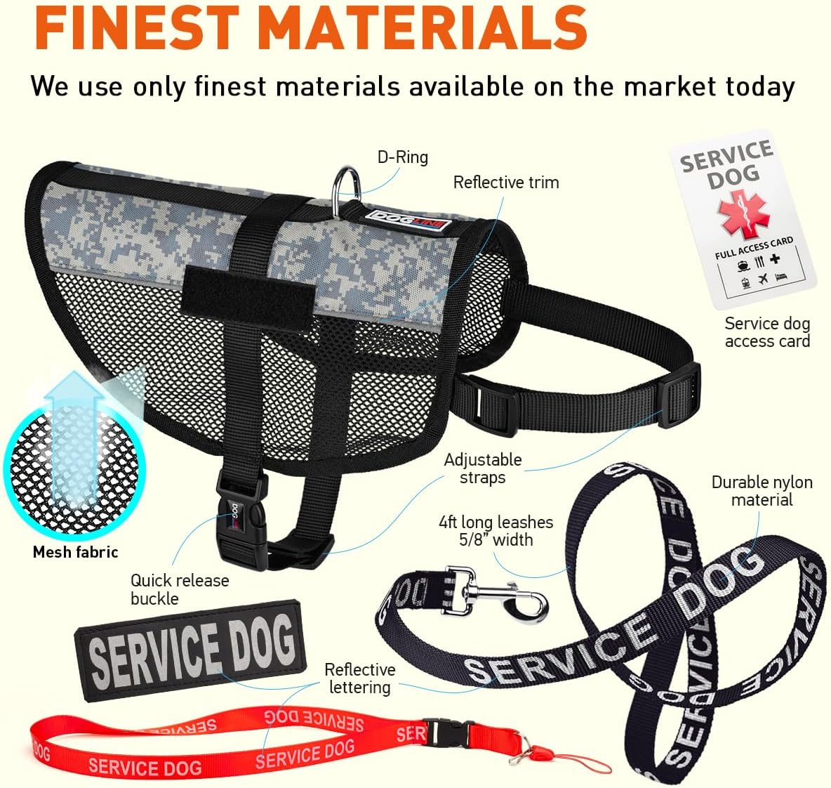Dogline Service Dog Vest Harness Bundle Official Red Service Dog Reflective Leash & Patches Service Dog in Training Set Service Dog ADA IDs for Travel Support Therapy Urban Camo