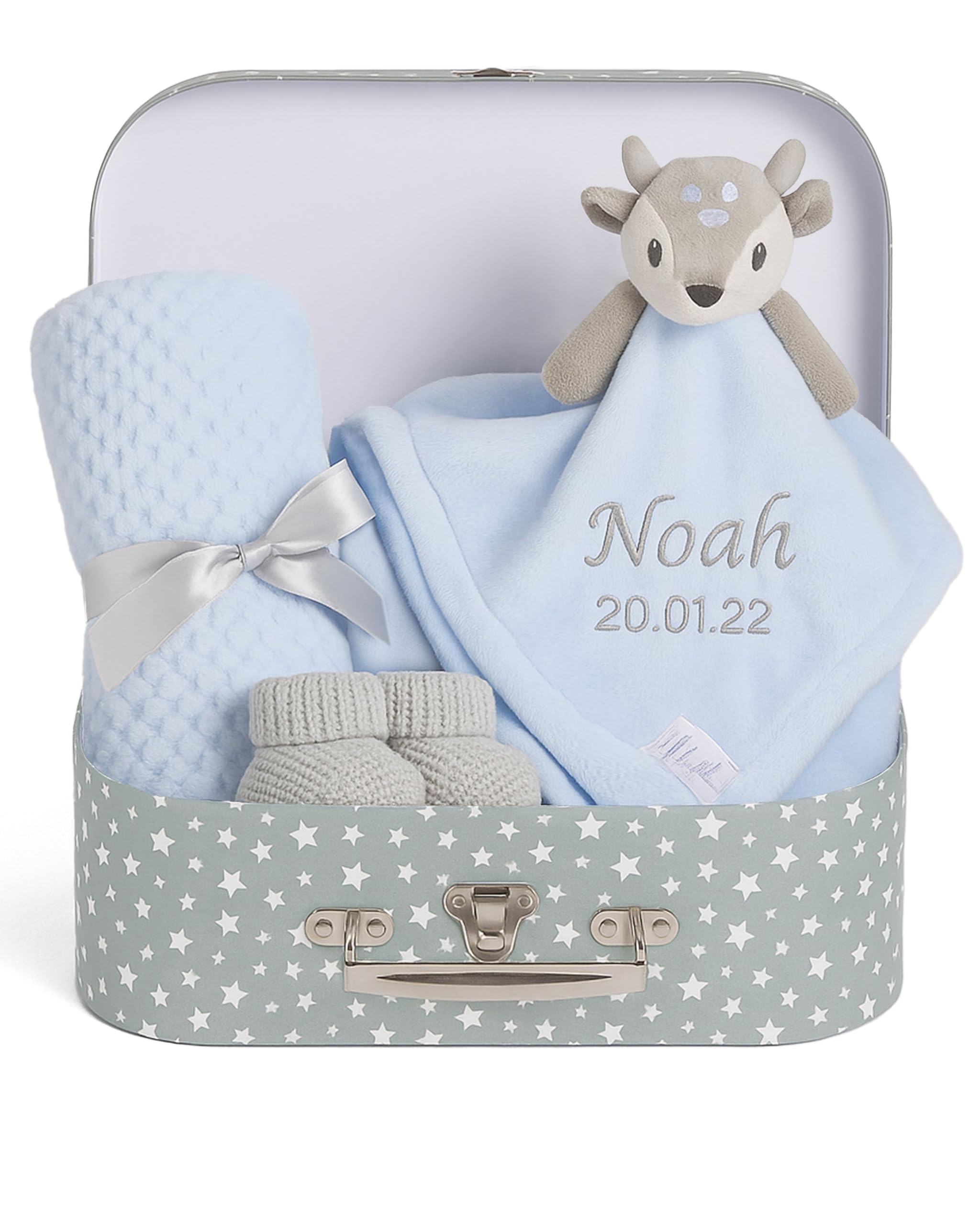 Hoolaroo Men's Blue Deer Personalised Baby Boy Gift Set Fawn Baby Hamper Shower Gifts Born Gift Basket Blanket Comforter Newborn Embroidered Suitcase