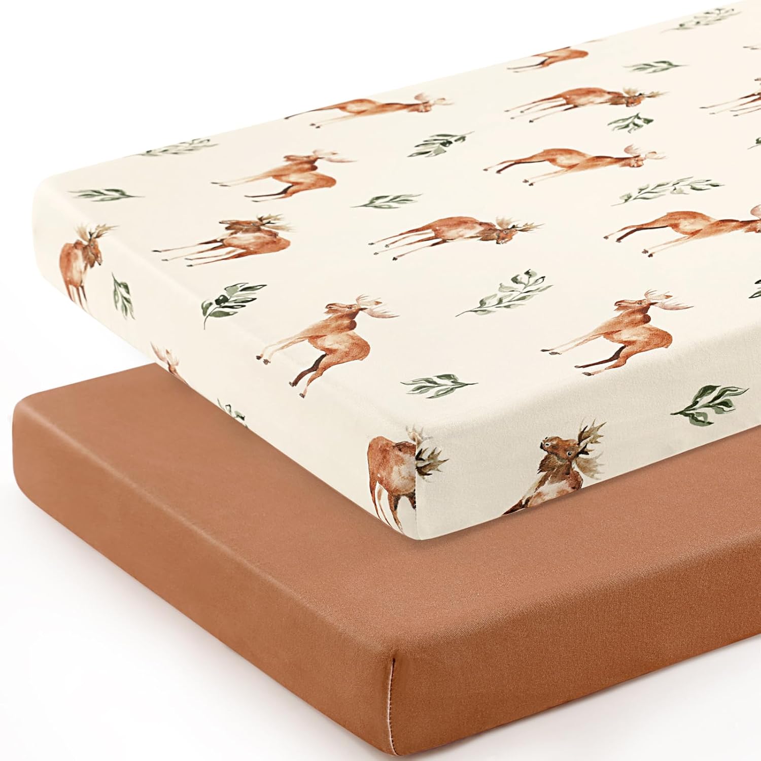 GRSSDER Stretchy Ultra Soft Jersey Knit Pack and Play Sheets 2 Pack, Portable/Mini Crib Sheets Universal Fitted for Playpen Mattress Safe and Snug, Elk Print image 2