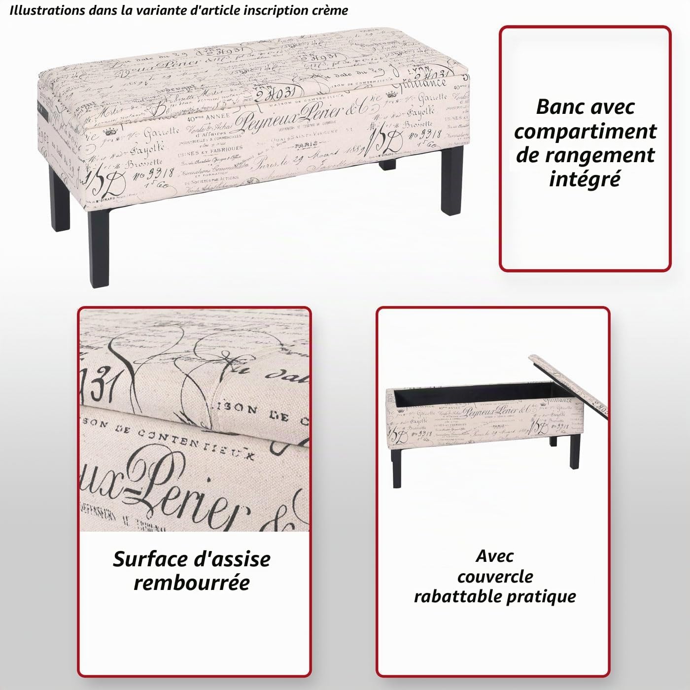 Mendler Banc/Coffre de Rangement Renens, 95x36x44, Tissu - Motif écriture