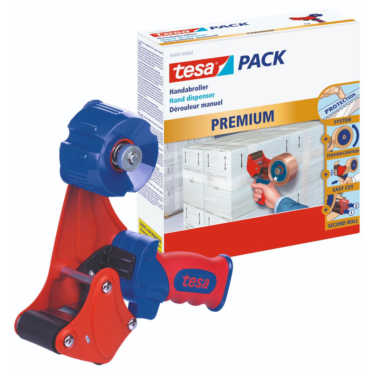 tesa Handabroller PREMIUM - professioneller, robuster Abroller für Klebebänder - für Paketbänder mit bis zu 50 mm Breite - für den industriellen Gebrauch geeignet