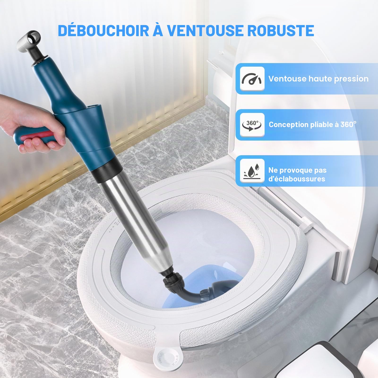 Déboucheur WC professionnel, Déboucheur de canalisations avec manomètre et pompe à air comprimé, 4 ventouses anti-éclaboussures avec crochet et spirale, pour toilettes, lavabos, baignoire, douche
