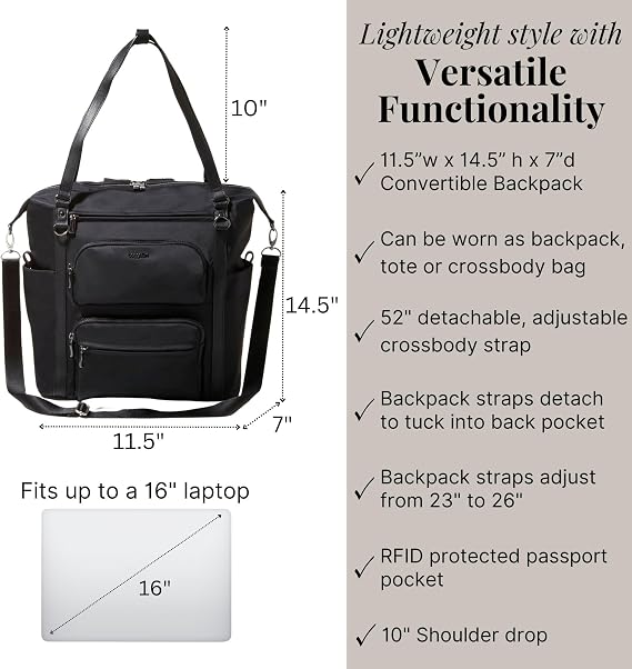Baggallini Nolita Convertible Backpack - 11x14 Travel Backpack Shoulder Tote Crossbody Bag w/RFID Tech, Luggage Sleeve & Laptop Pocket