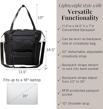 Baggallini Nolita Convertible Backpack - 11x14 Travel Backpack Shoulder Tote Crossbody Bag w/RFID Tech, Luggage Sleeve & Laptop Pocket