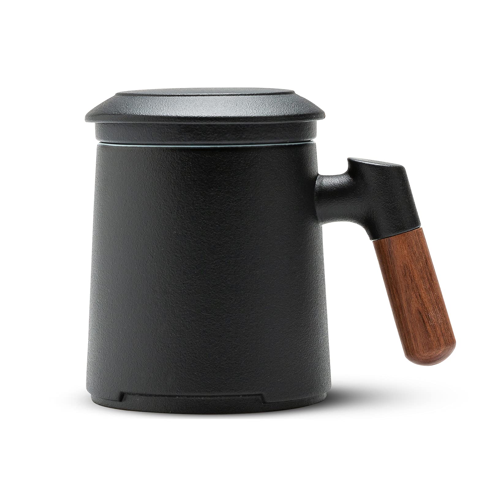 ZENSTea Mug with Infuser,13.5 Ounce Stoneware Glazed Ceramic Tea Cup with Lid and Rosewood Handle for Steeping Loose Leaf Tea, Black