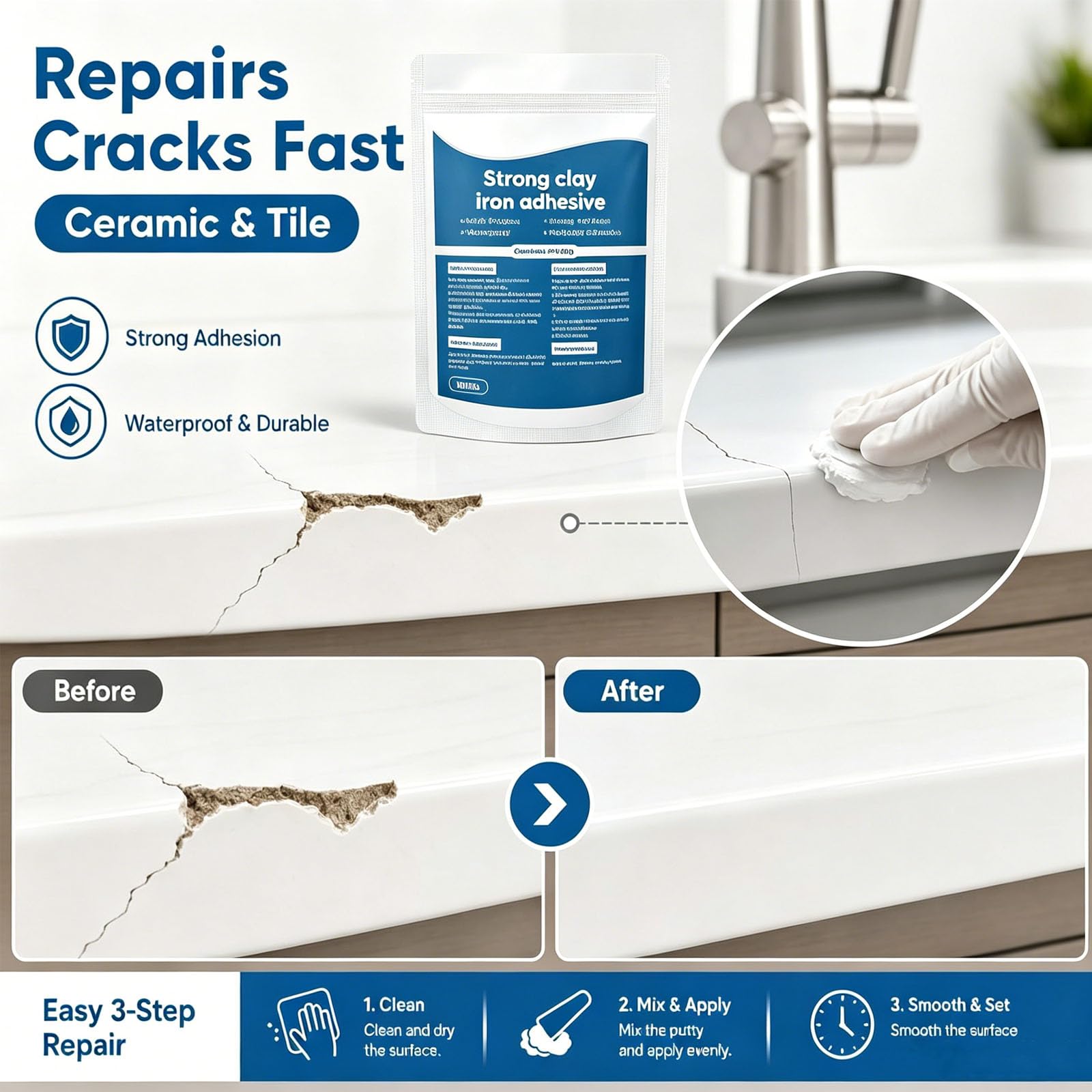 Argilla riparatrice multiuso ad alta resistenza, stucco riparatore multiuso ad alta resistenza, adesivo forte per argilla e ferro, stucco di riempimento bicomponente per riempire crepe (5Pcs)