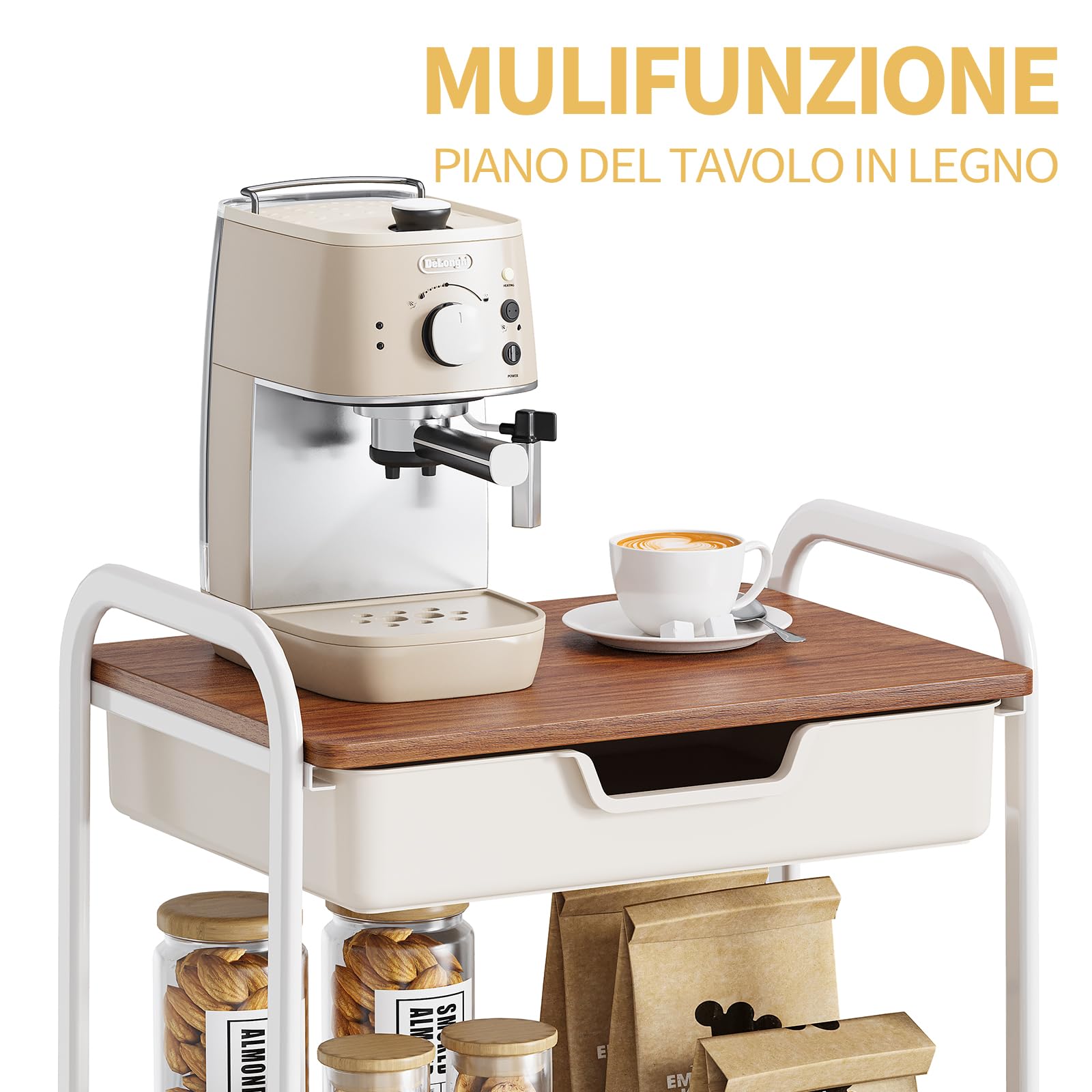 KINGRACK Carrello Cucina, Carrello Estetista a 3 Ripiani, Carrellino Salvaspazio con Cassetti, Carrello Bagno con Ruote, Carrello Portaoggetti con Piano da Legno Tavolo, Bianco (Marrone scuro)