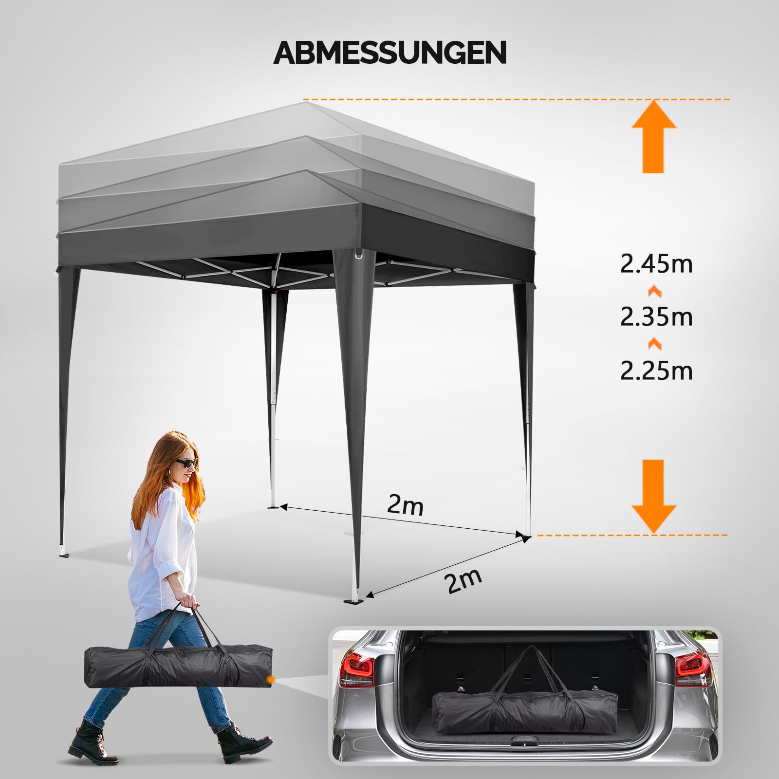 Bonnlo Pop-up Pavillon, Faltpavillon 2x2m, Höhenverstellbar, Wasserdicht Partyzelt mit 4 Seitenteilen, Gartenpavillon für Outdoor Hochzeit Garten Camping Party, Grau