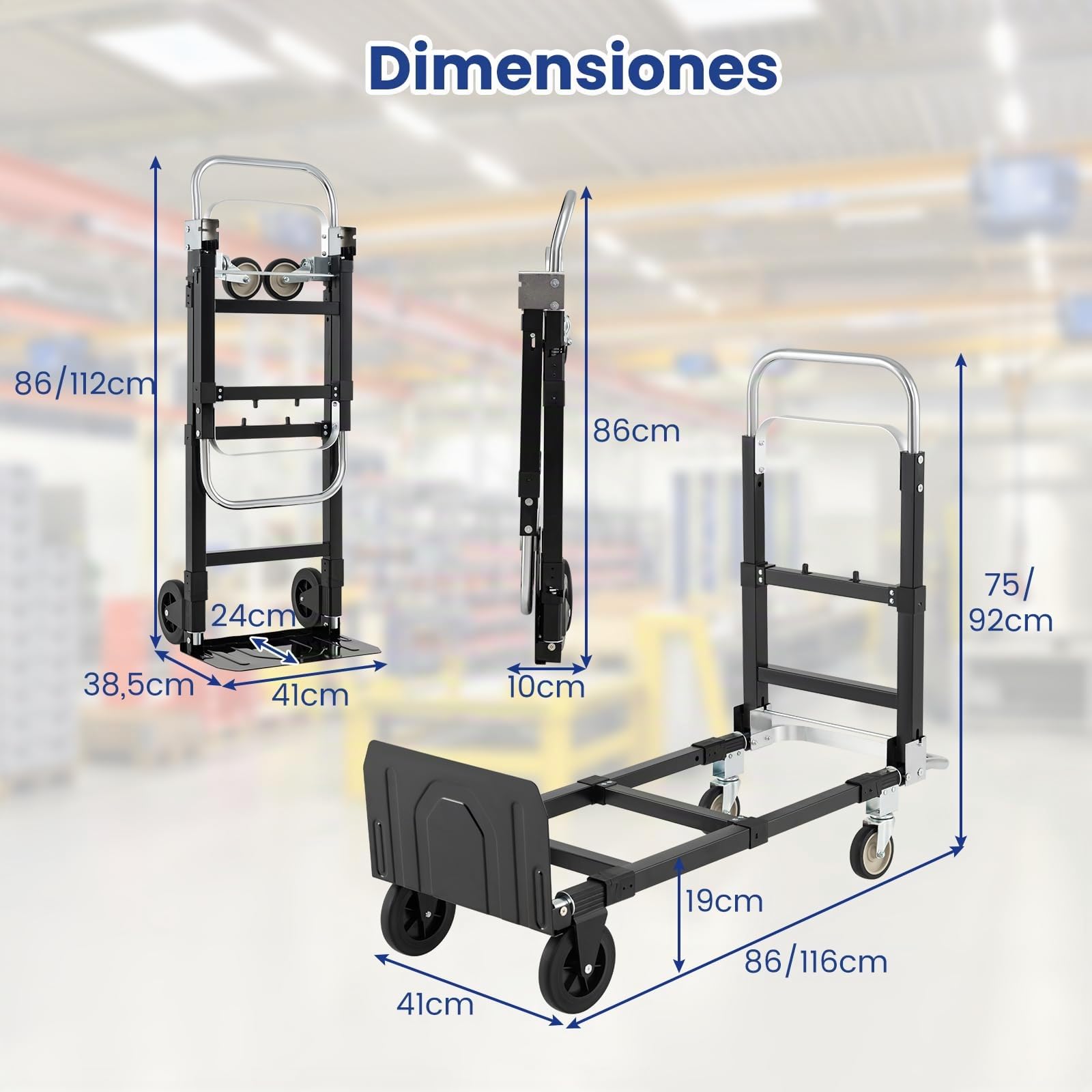 COSTWAY 3 en 1 Carretilla Plegable, Carretilla de Carga con Asa Retráctil y Longitud Ajustable, Carro Transporte Plegable Compras y Camping, Carga de 272 KG