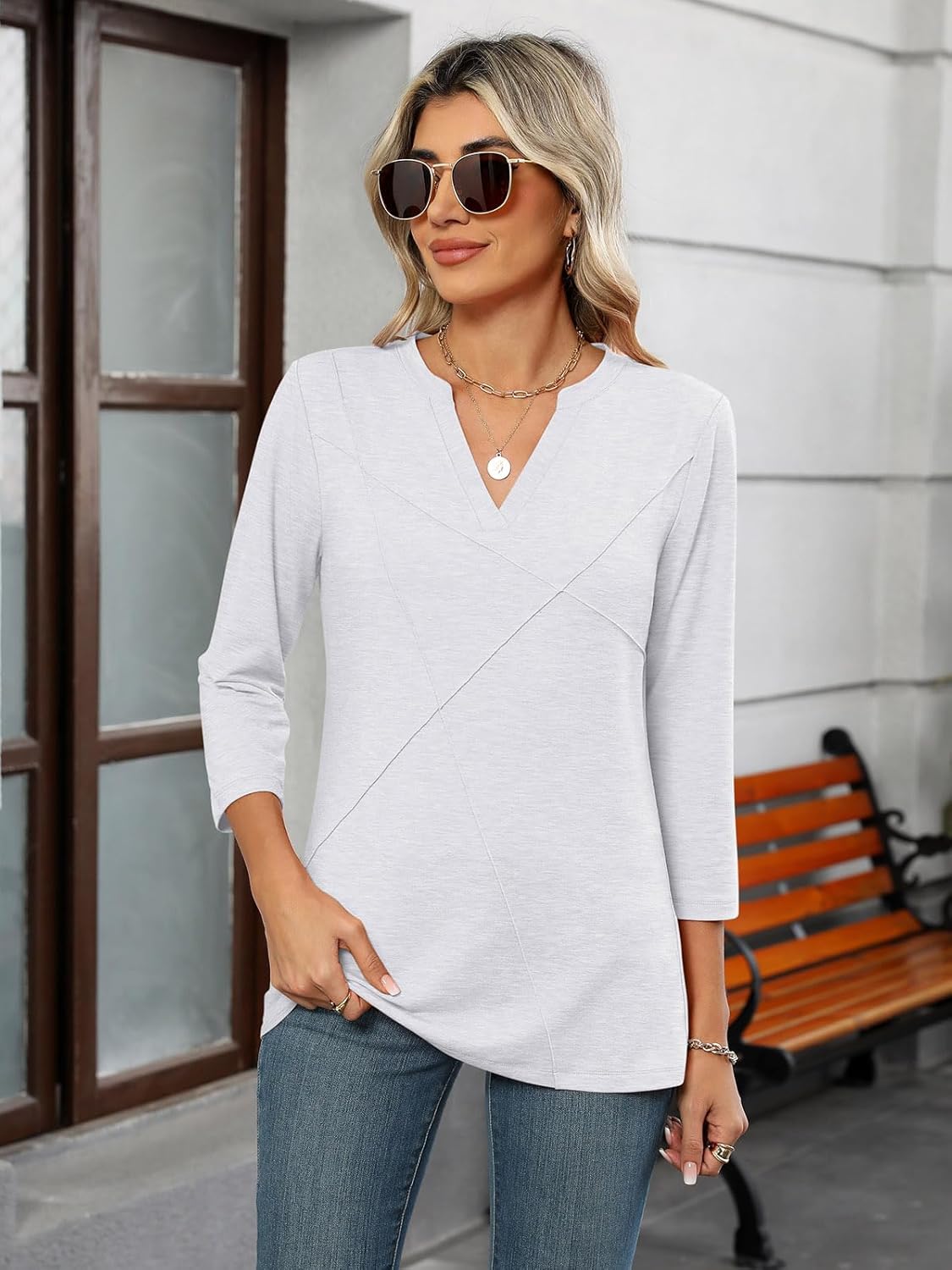 Womens Tops 3/4 Sleeve T Shirts V Neck Summer Tops Dressy Casual Basic Tees Loose Tunics - Image 2