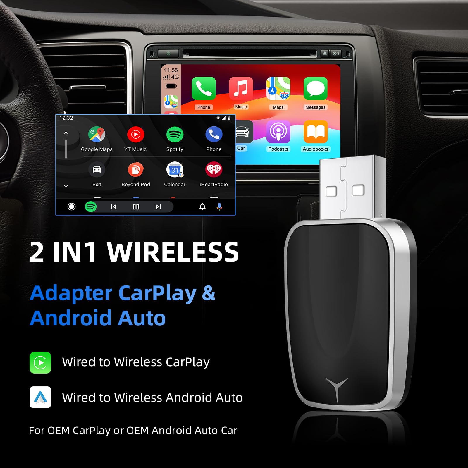 Wireless CarPlay Android Auto 2in1 Adapter, Plug and Play, für Autos mit kabelgebundenem CarPaly und Android Auto, unterstützt iOS 10+ & Android 11+ (Unidirektional Ende-075)