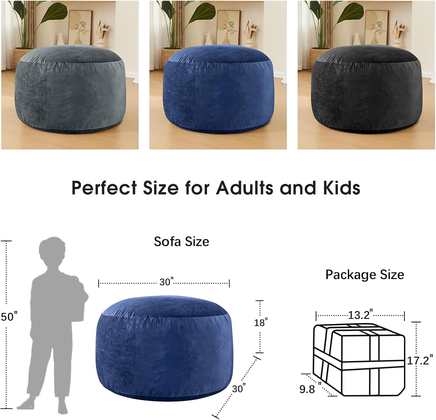 Bean Bag Chairs for Adults - Memory Foam Furniture BeanBag Chair - Kids/Teens Sofa with Soft Micro Fiber Cover - Round Fluffy Couch for Living Room Bedroom College Dorm, Navy