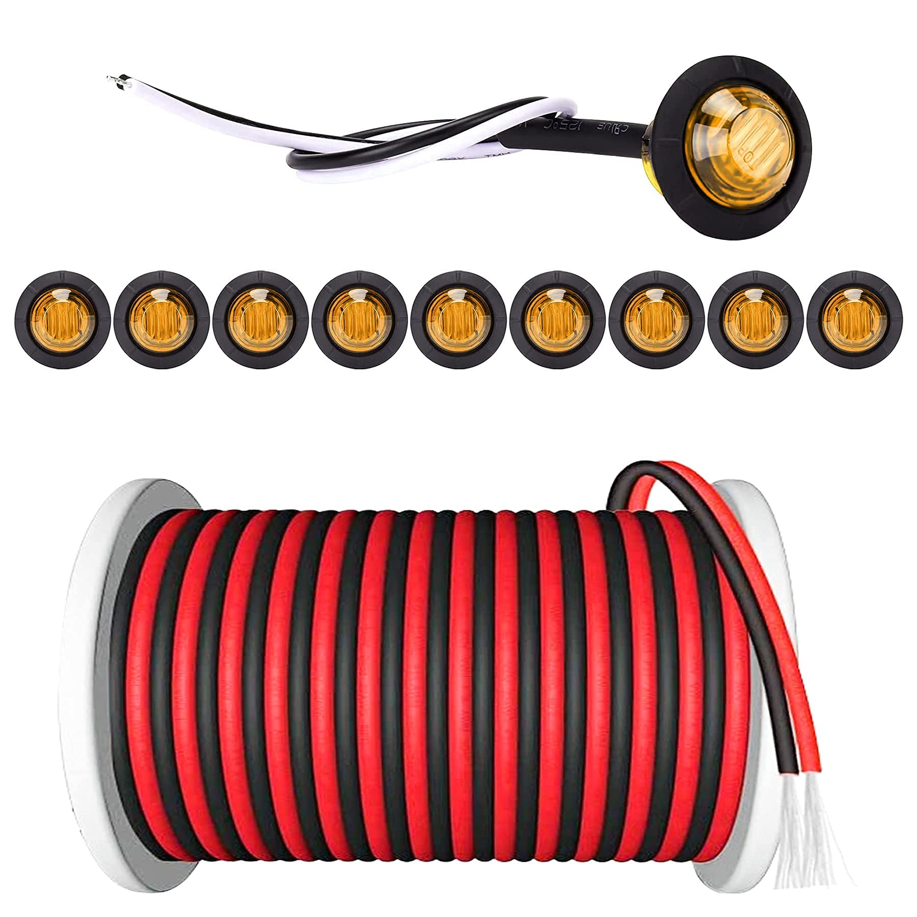 PSEQT 3/4'' Round LED Rock Lights Trailer Truck RV Underglow Wheel Fender Side Marker Clearance Lights Amber(10Pcs) + 100FT/30M 22AWG 2pin Extension Cable Wires Cord (1Pcs)