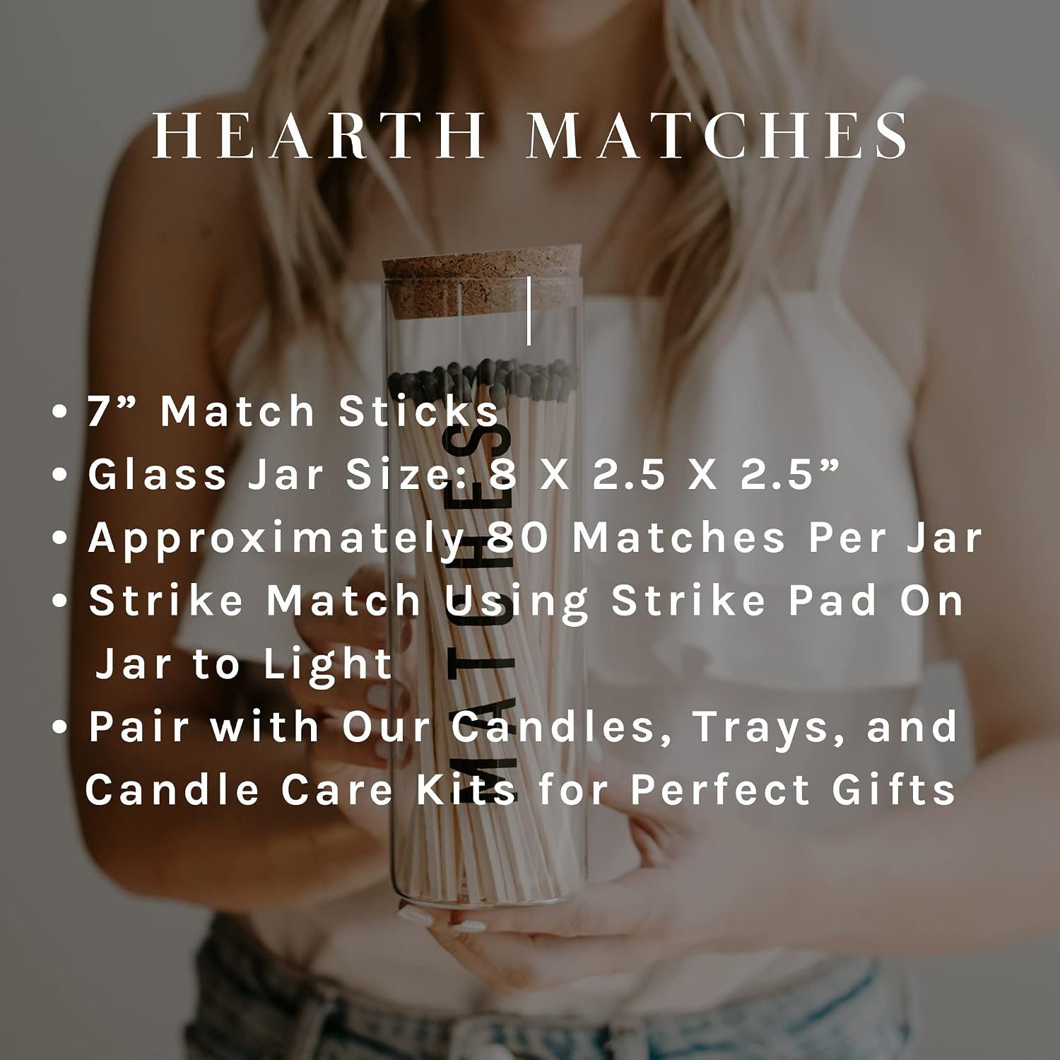 Sweet Water Decor 7" Hearth Matches in Bottle - Black Text Label | Rustic Jar Approx. 80 Decorative Matchsticks with Strike Pad | Cute Candle Accessory Match Holder Long Matches for Fireplace (Black)