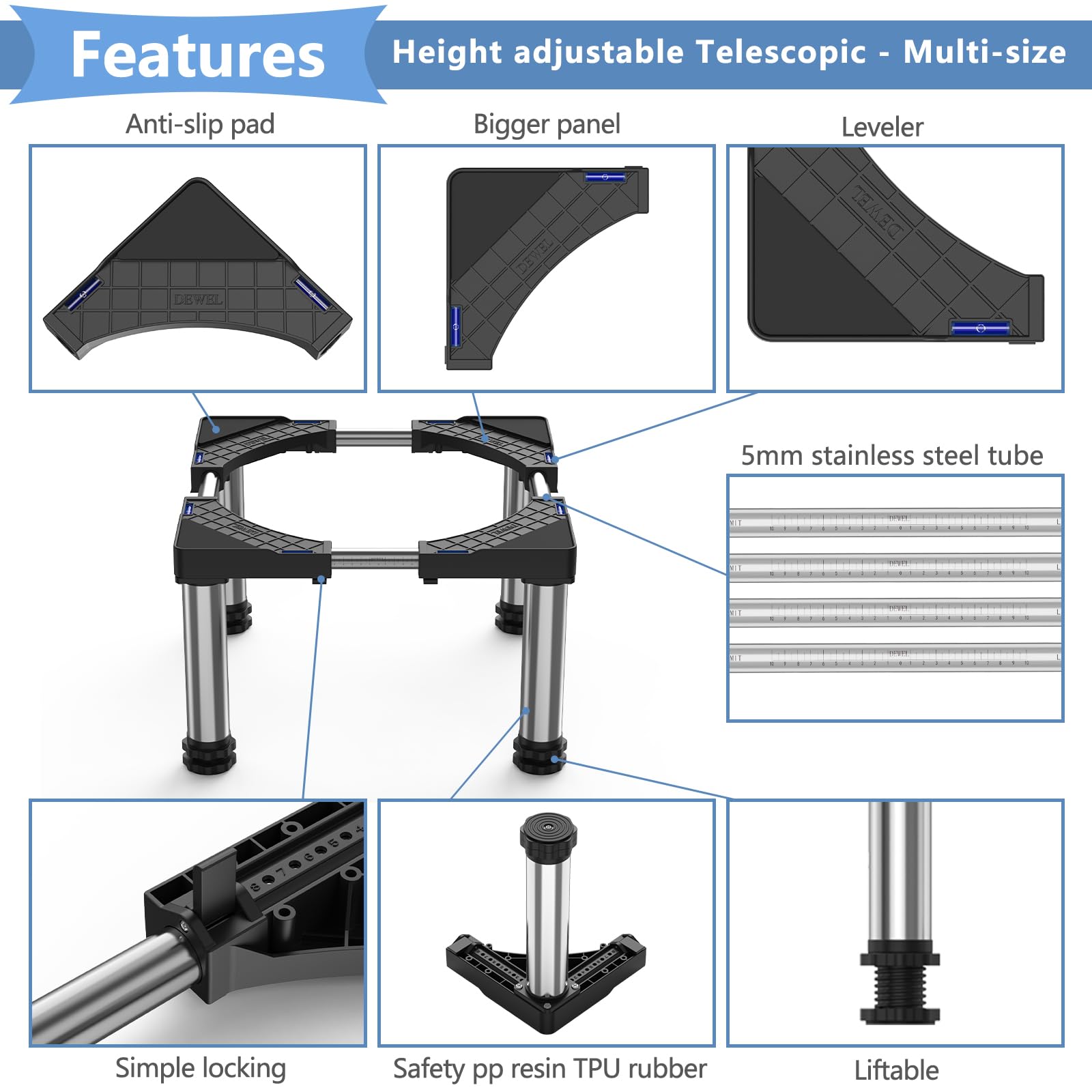 Base Regolabile DEWEL Per Frigoriferi E Lavastoviglie - Supporto 300kg, Altezza 28-31cm, Larghezza 43-67cm, Nero