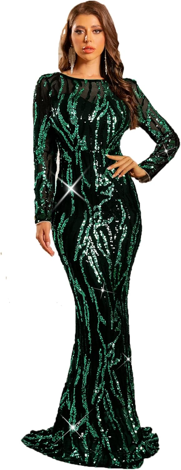 Stretch Sequin Formal Dress Long Sleeve Boat Neck Maxi Gown