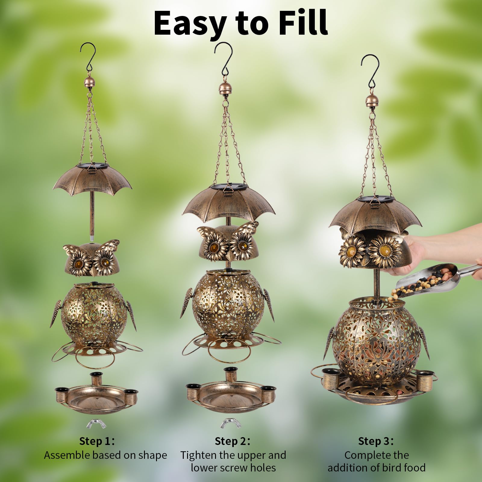 Comedero colgante para pájaros al aire libre. Comedero para pájaros a prueba de ardillas al aire libre. Comedero para pájaros con luz solar para exteriores con 3 tazas de agua. Jardín, patio trasero