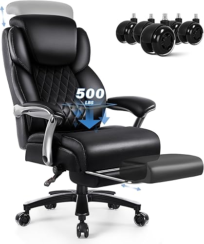 OFIKA Silla de oficina grande y alta de 600 libras con reposapiés y reposacabezas de elevación, silla grande y resistente con soporte de madera