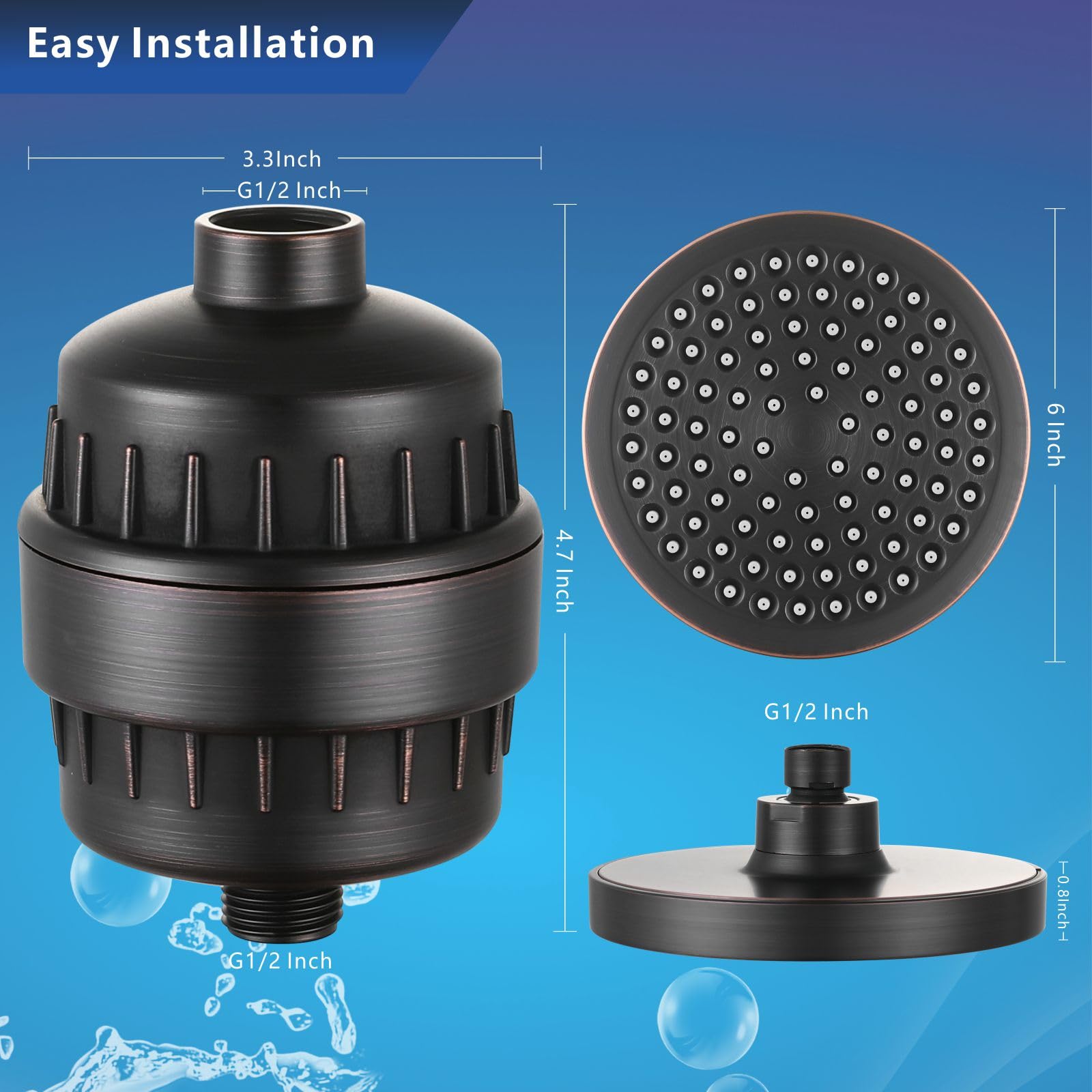 Juego de cabezal de ducha filtrado de alta presión, filtro de ducha de lluvia de 6 pulgadas para agua dura, cabezal de ducha redondo universal de 20 etapas de filtración elimina impurezas para