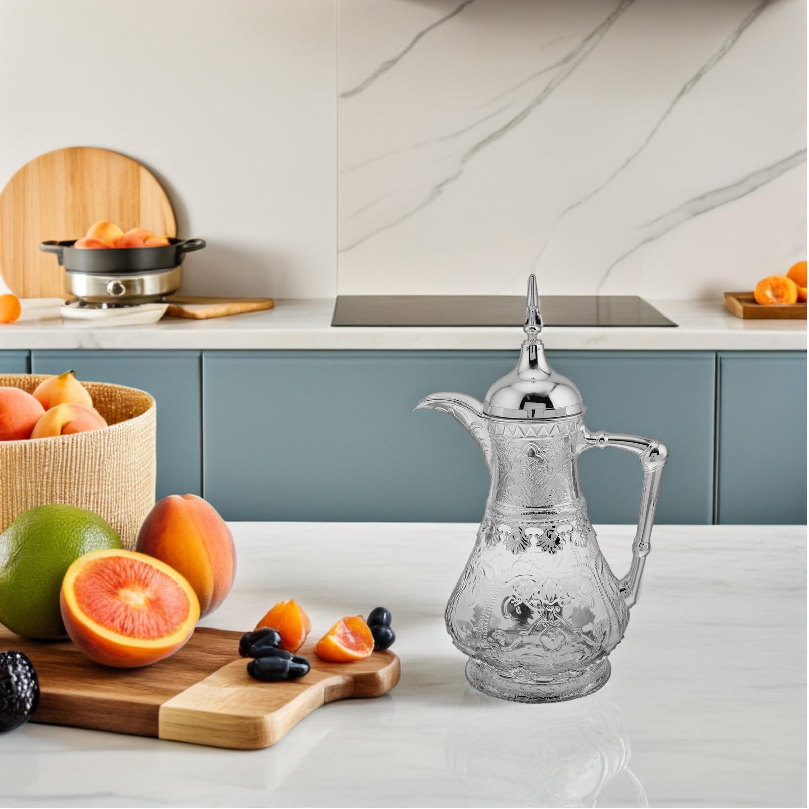 Türkische Teekanne aus Hitze Kältebeständigem Glas Große Wasserkanne mit Ergonomischem Ausgießer und Deckel für Kalte Getränke Saft Kaffee und Tee im Arabischen Stil