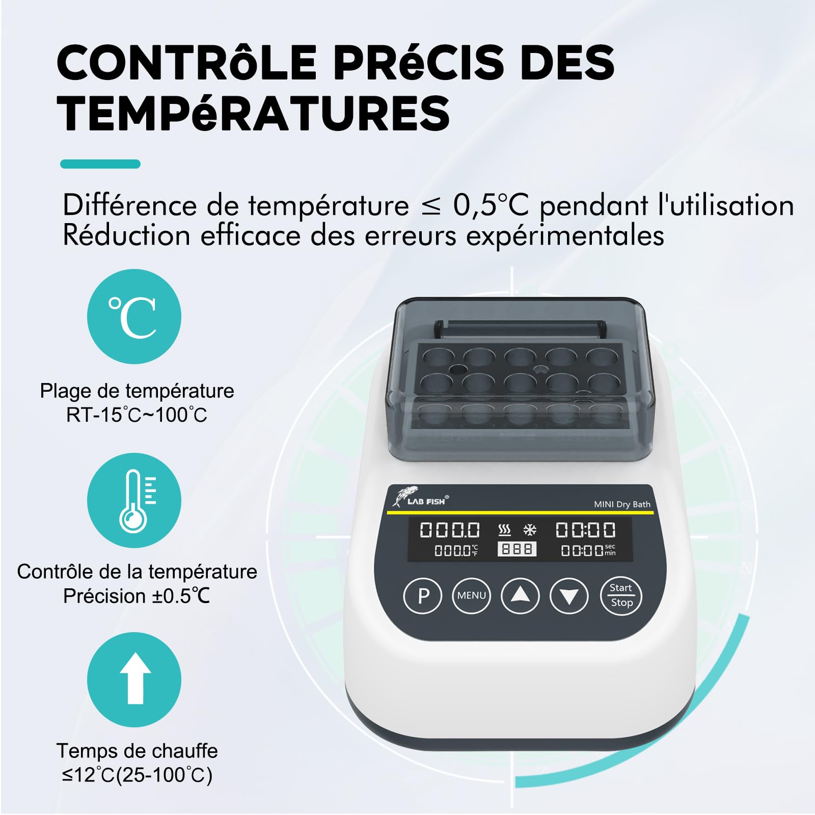 LAB FISH Mini Incubateur à Bain Sec Chauffant et Refroidissant Numérique pour Laboratoire Chauffage Thermostatique Programmable avec Bloc de Tubes à Centrifuger 1.5ml*15