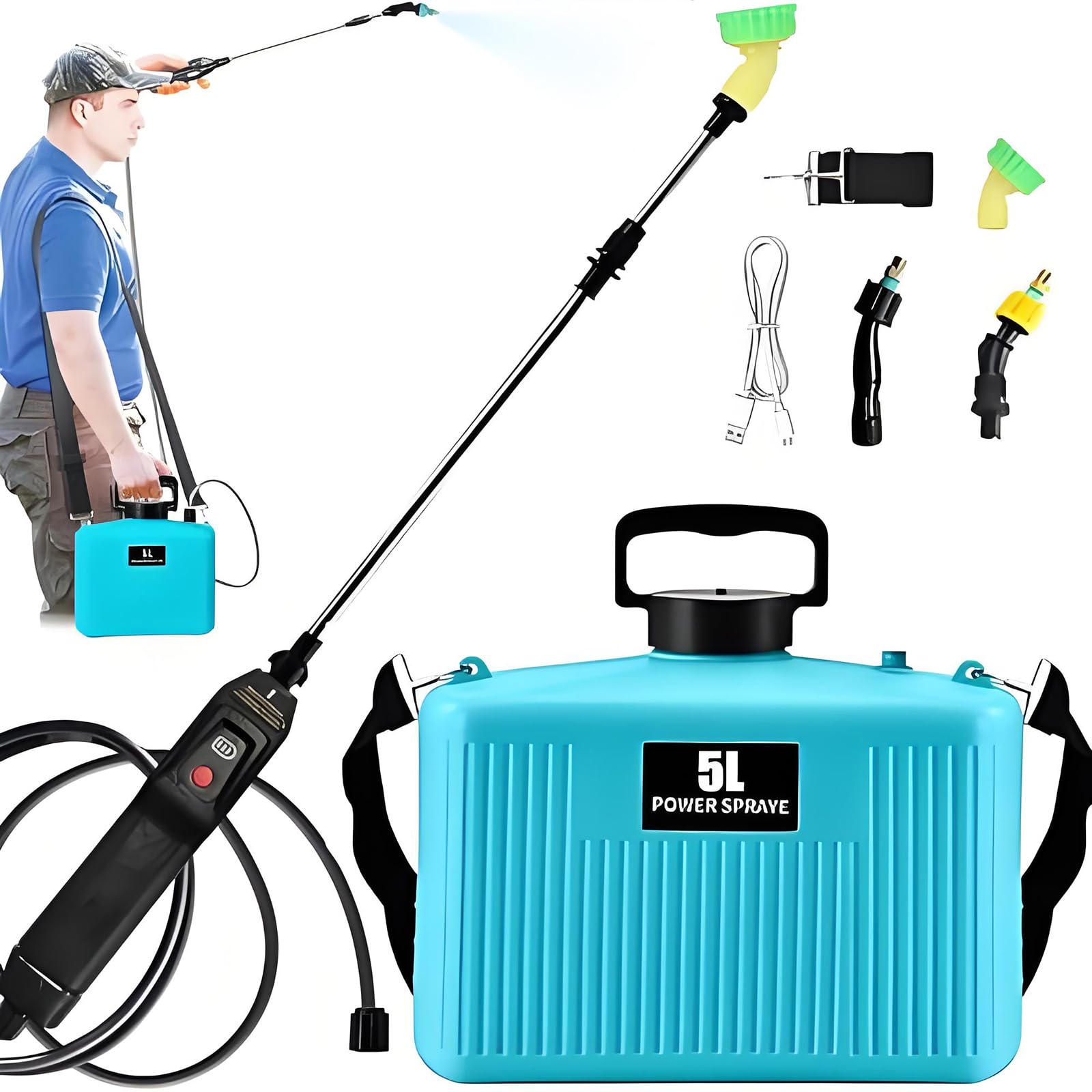 Spruzzatore da giardino alimentato a batteria, pompa a pressione portatile ricaricabile da 5 litri con 3 ugelli e asta estensibile per innaffiare piante e pulizia