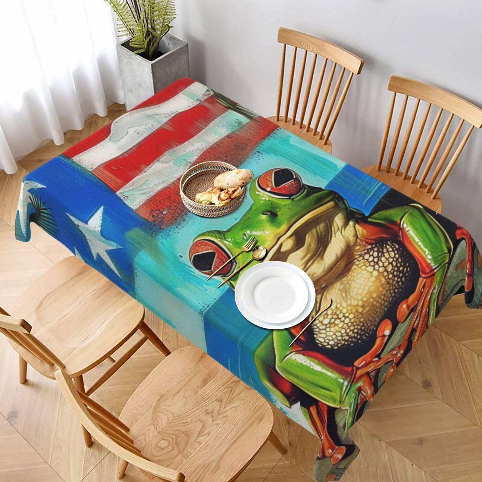 WPKJU Puerto Rico Flag Frog Palm Trees Printed Tablecloth 60x90 in Water Resistant Table Cover Washable Rectangle Table Cloth for Dining Tables