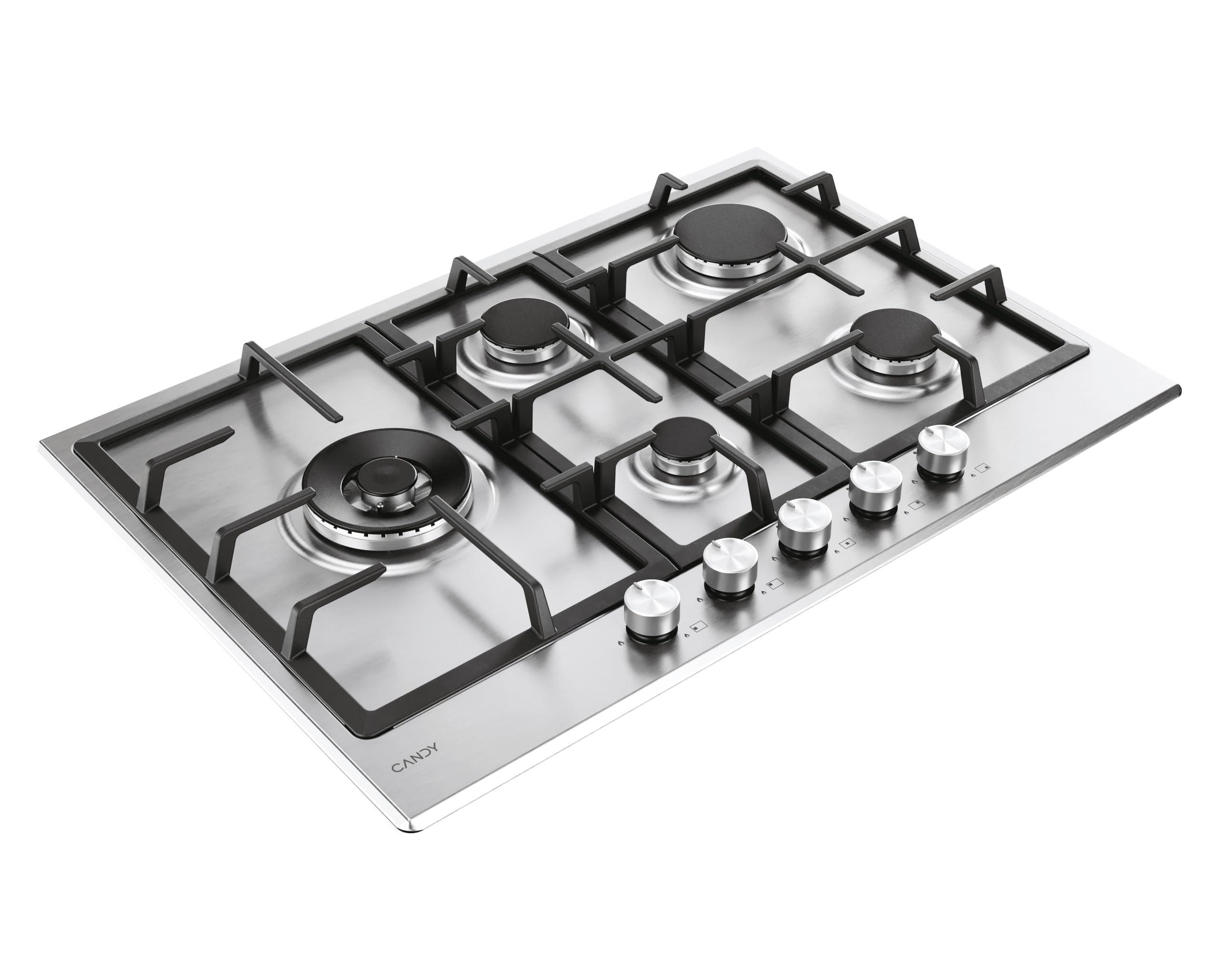 Candy Moderna Piano Cottura a Gas 5 Fuochi Acciaio Inossidabile Bruciatore Doppia Corona Griglie Lavabili Lavastoviglie 80x74,5x51 cm Inox CHG7WL4WTX
