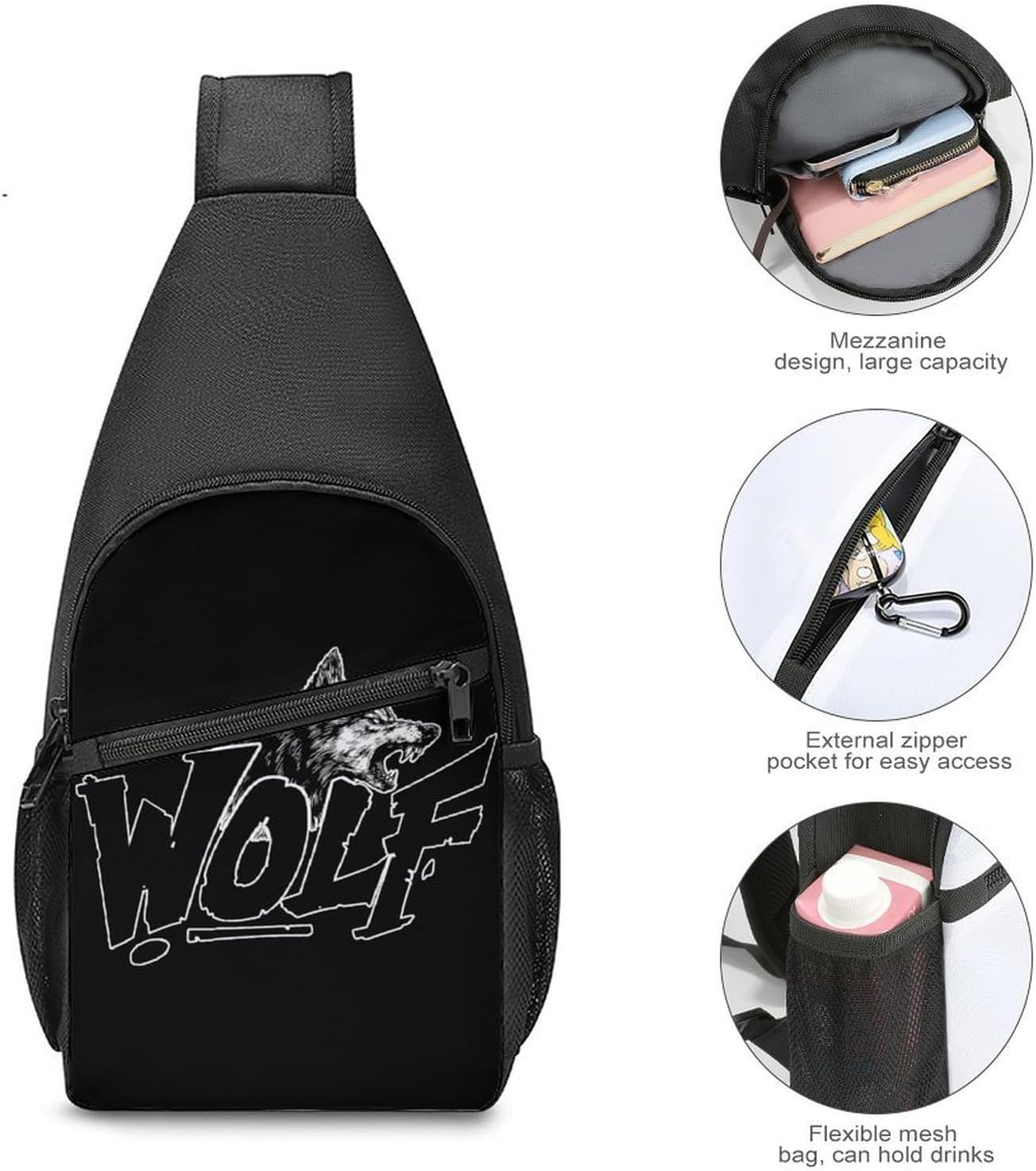 Wolf with Fangs Crossbody Sling Backpack Chest Bag Daypack | unisex,trendy,with convertible and detachable shoulder strap,side pockets
