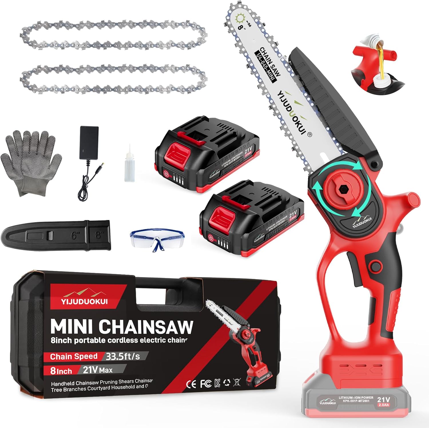 Mini Chainsaw Cordless 8inch, Portable Electric Chainsaw With Batteries,Small Handheld Battery Powered Chain Saw for Tree Trimming, Wood Cutting, Garden Pruning-Light Red