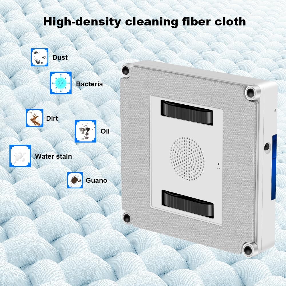 Image showing the high-density cleaning fiber cloth and icons representing various types of dirt it can clean: Dust, Bacteria, Dirt, Oil, Water stain, Guano.