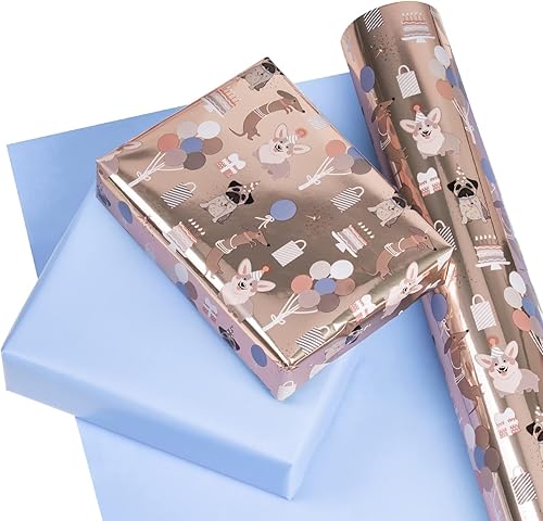 Vista 188 de WRAPAHOLIC Papel de regalo reversible, mini rollo, 17 pulgadas x 33 pies, adorable diseño de gato y azul sólido para cumpleaños, vacaciones