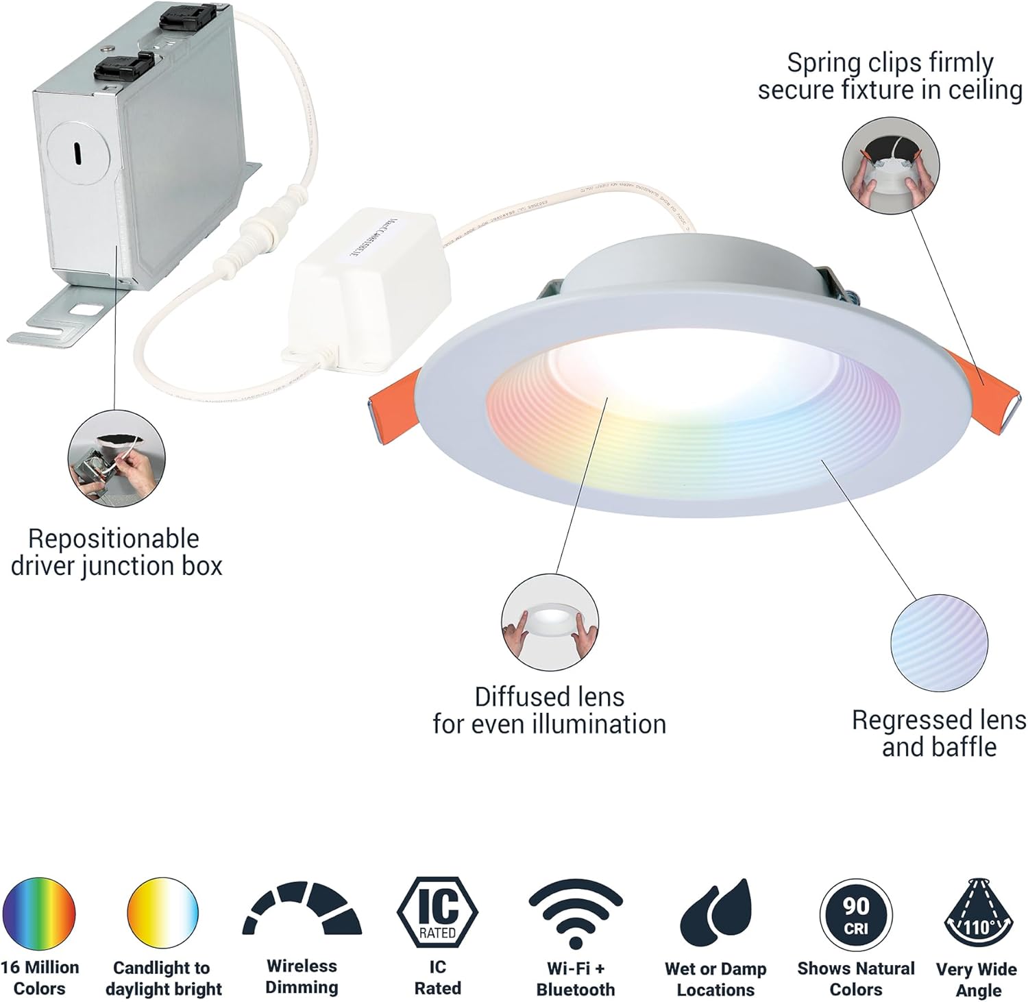 HALO 6 inch Smart Wi-Fi Recessed Canless LED Downlight 4-Pack, Connected by WiZ Pro with SpaceSense Motion Detection, Tunable White, 16M+ Colors WiZ App Control, Wet Rated, Dimmable - RLWZC612-4PK