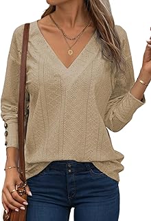 Womens Tops Dressy Casual V Neck Long Sleeve Shirts Buttons Business Casual Hollow Out Embroidered Tops