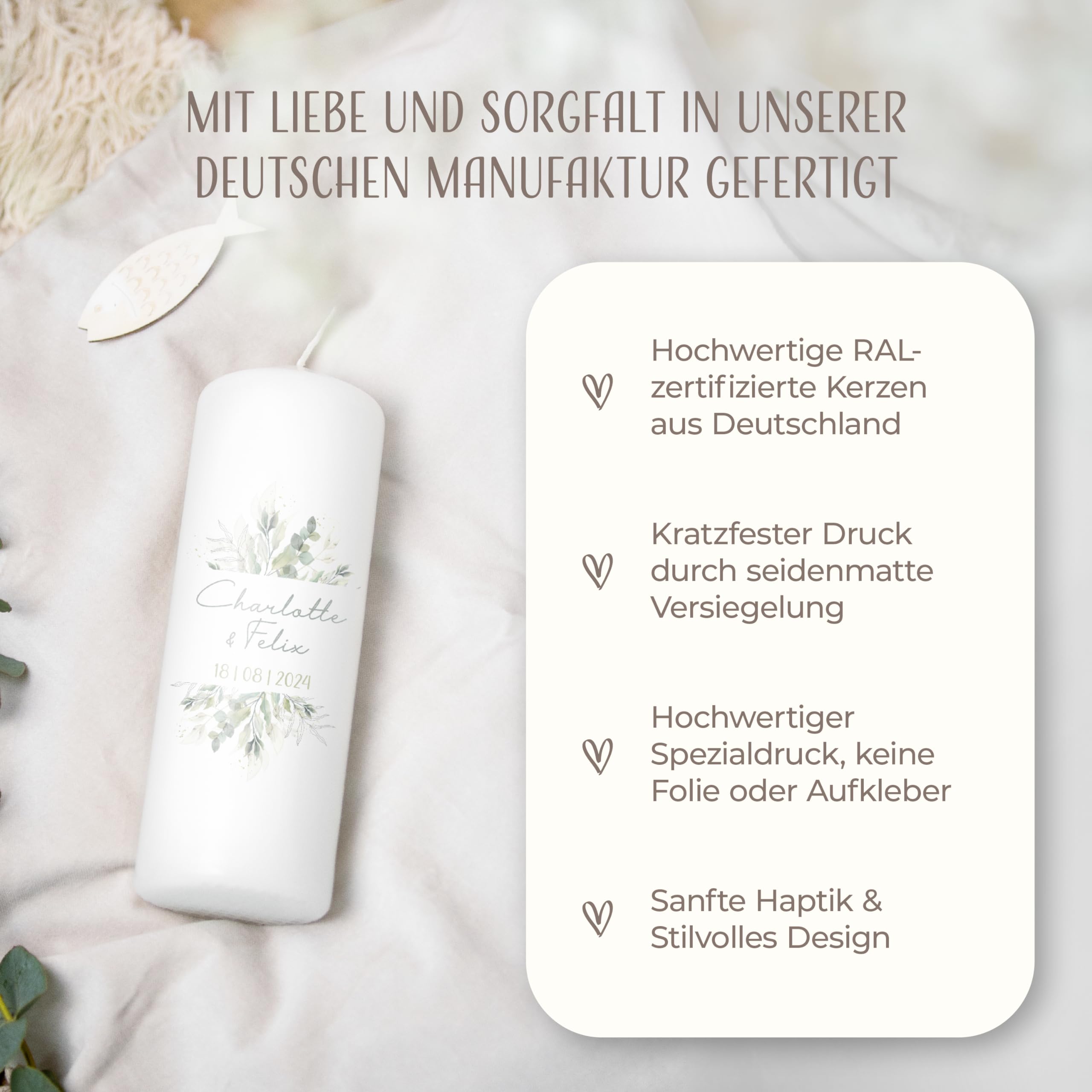 AMARI ® Hochzeitskerze personalisiert Pflanzwelt 20/7 cm- mit Namen & Datum – Elegante Traukerze für Hochzeit & Standesamt – Individuelles Geschenk zur Trauung