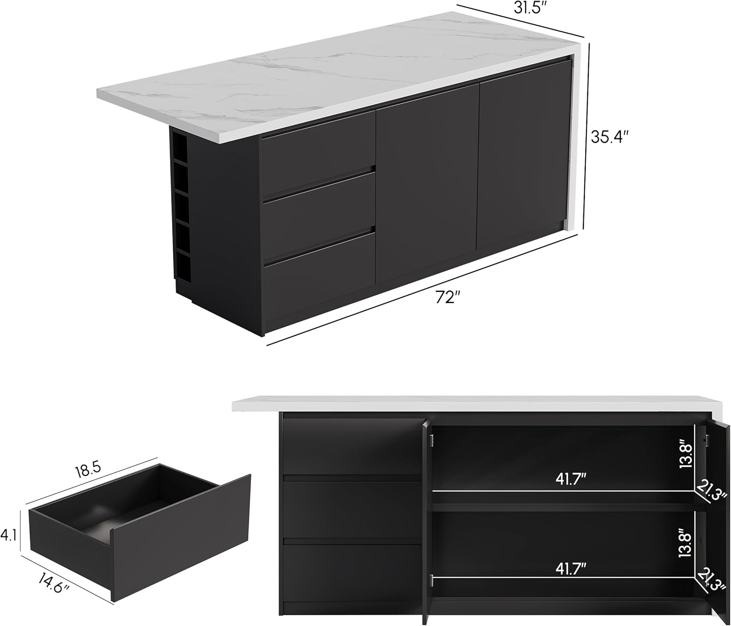 Diagram showing the dimensions of the kitchen island, including length, width, and height.
