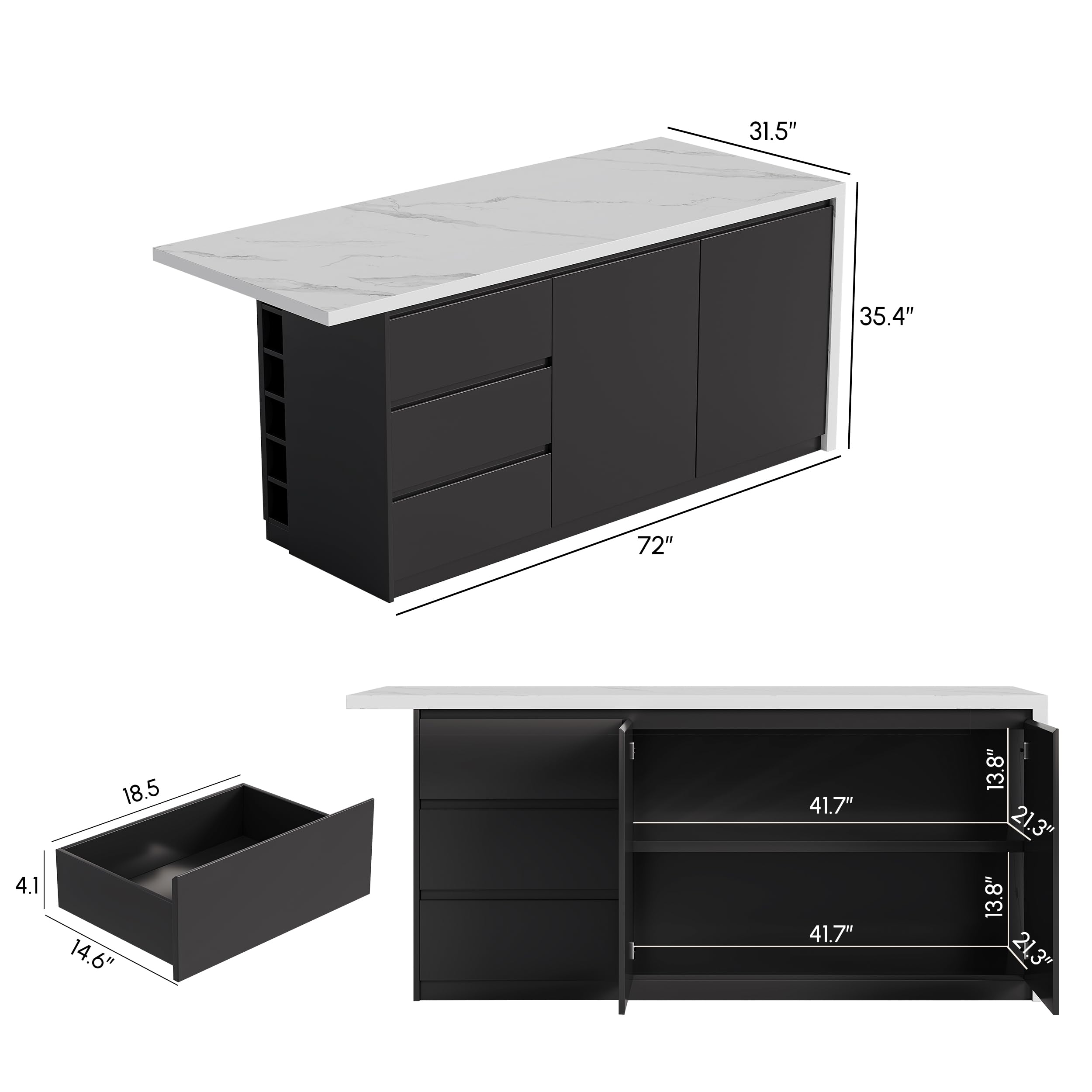 Homary Moderne Kücheninsel aus Melamin, 182,9 cm, mit Weinaufbewahrung und Sitzplatz, Stabiler Esstisch mit zusätzlichem Stauraum (Weiß Schwarz, 183cm: Rechte Schublade, Upgrade: Sinterstein)