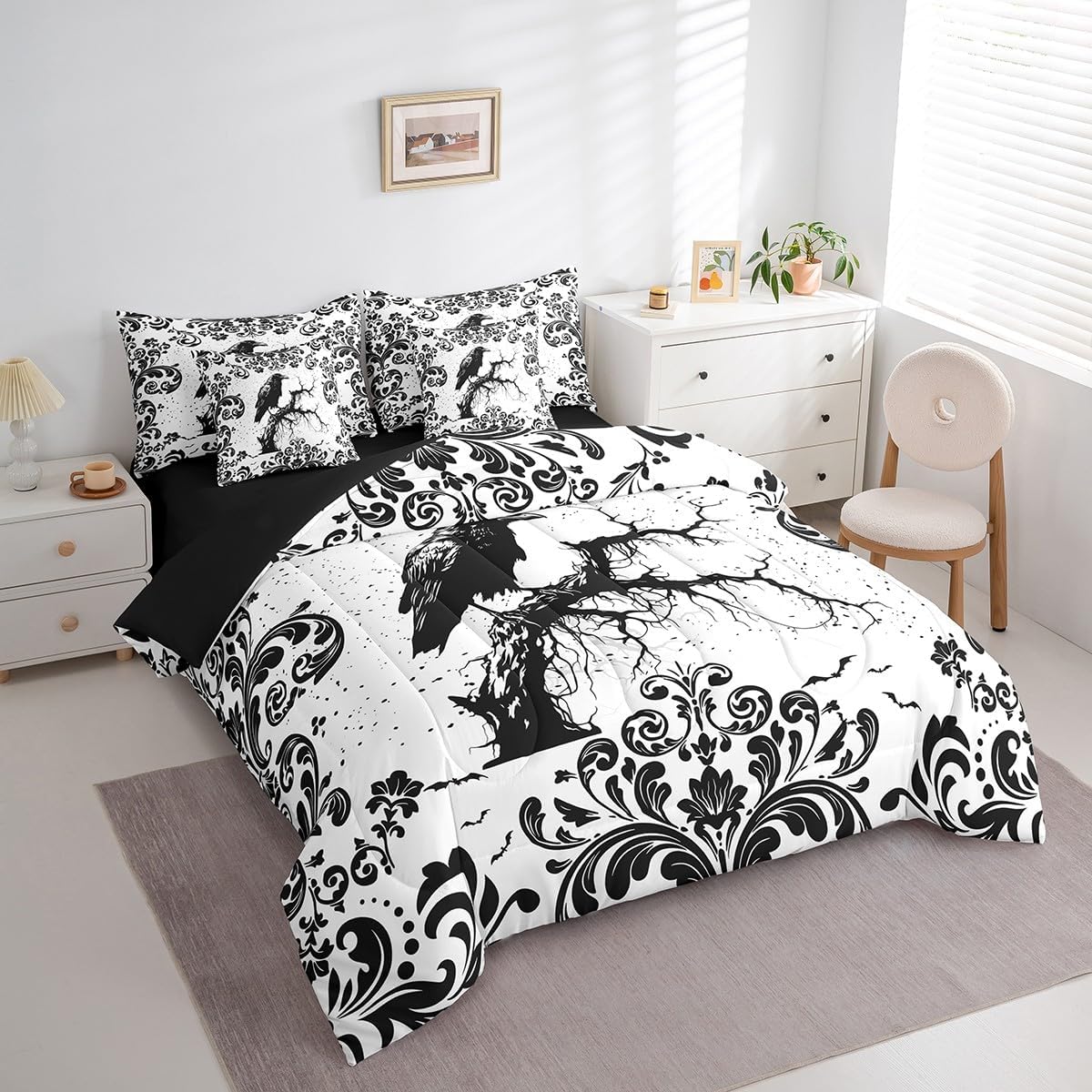Erosebridal Black White Gothic Queen Bed in A Bag 7 Piece Damask Raven Crow Bedding Set for Kids Adults Boho Vintage Floral Bird Halloween Comforter Set Goth Animal Decor Sheet Set with Comforter
