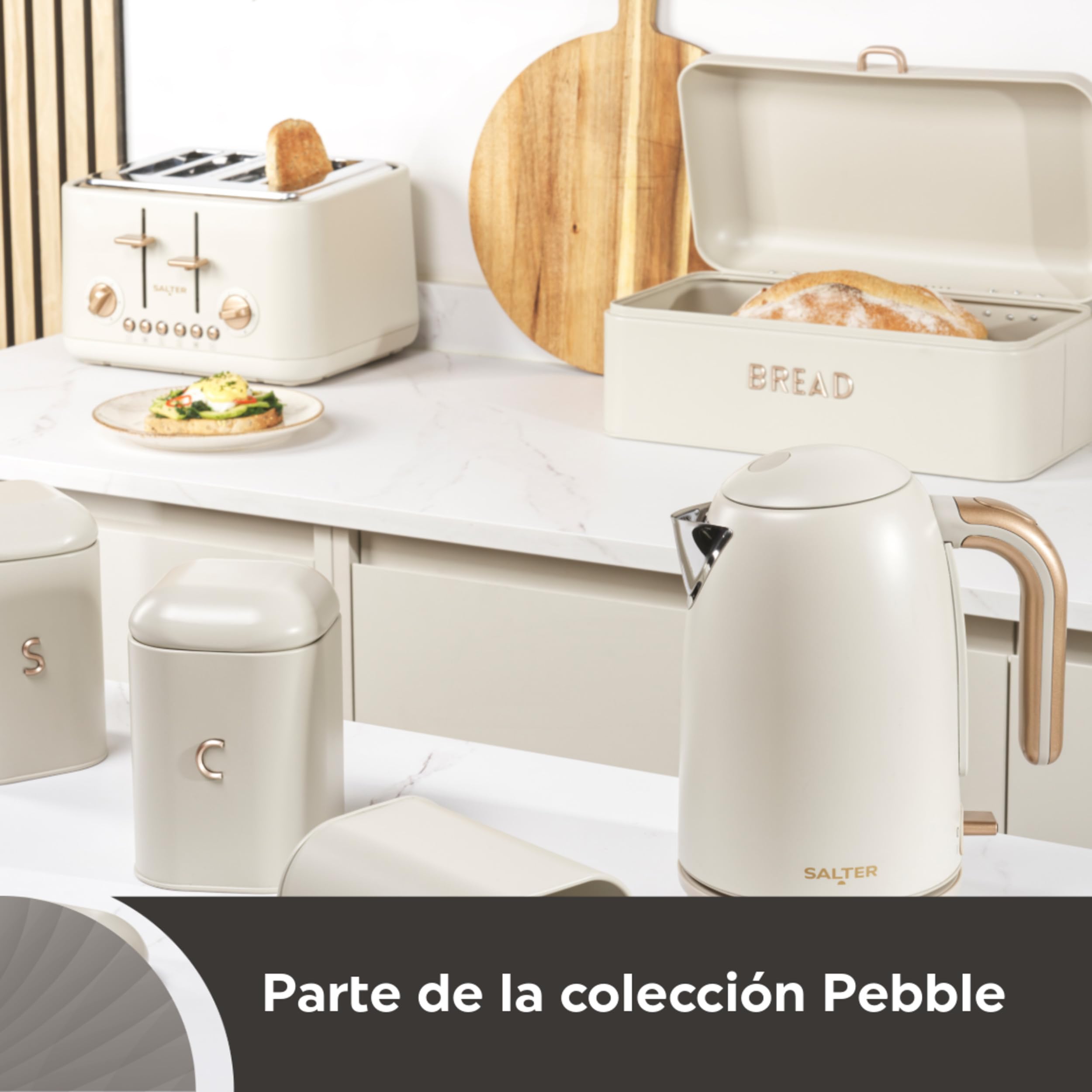 Salter Pebble Tostadora de 4 rebanadas, ranuras anchas, piedra | 6 niveles tostado, descongelar/recalentar/cancelar, elevación alta, ranuras autocentrantes, bandeja recogemigas