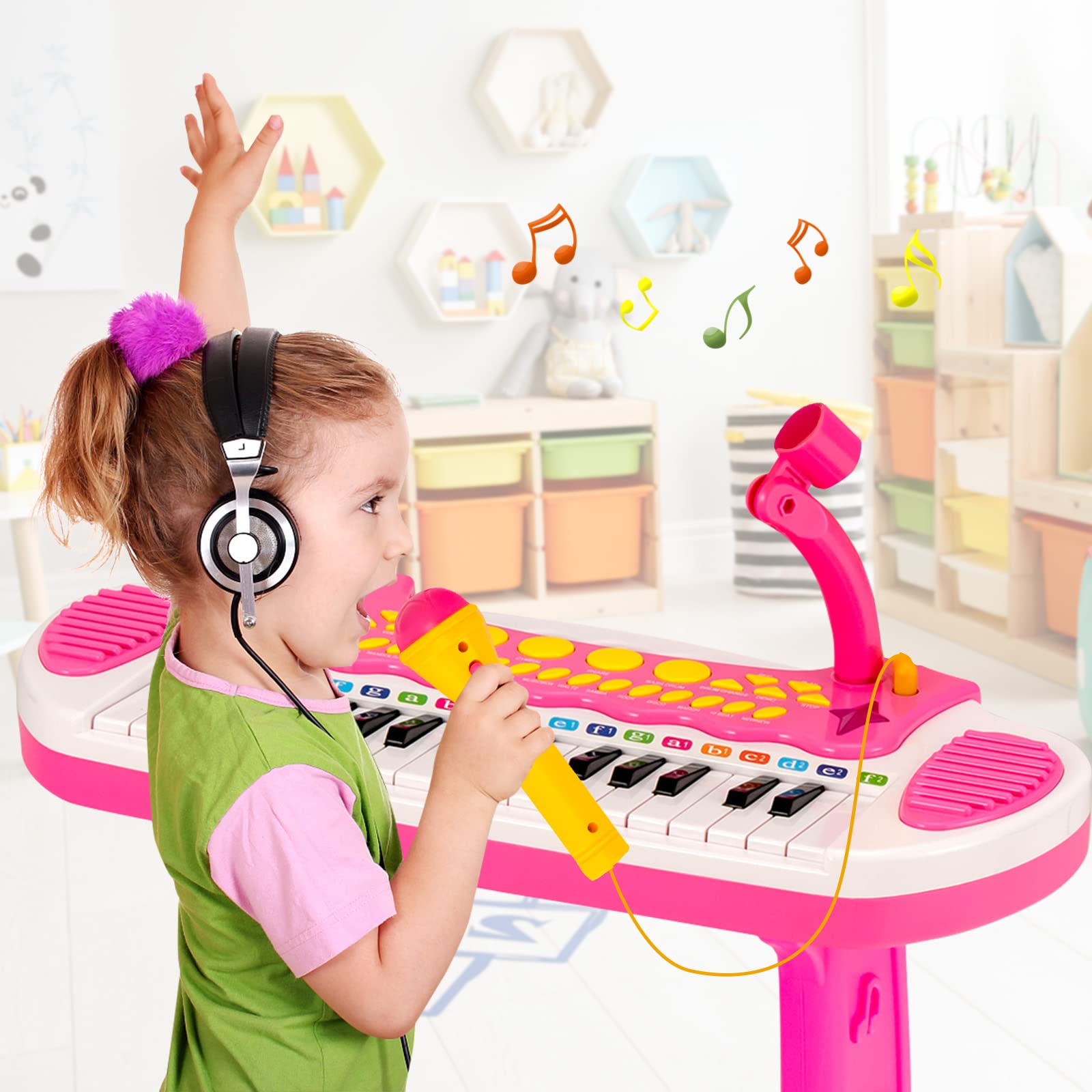 KOMFOTTEU Juego de Teclado de 31 Teclas para Niños, Piano Infantil con Efectos de Luz de Sonido y Micrófono, Juguete de Piano Electrónico con Taburete, Teclado para Niños 3 + (Rosa)