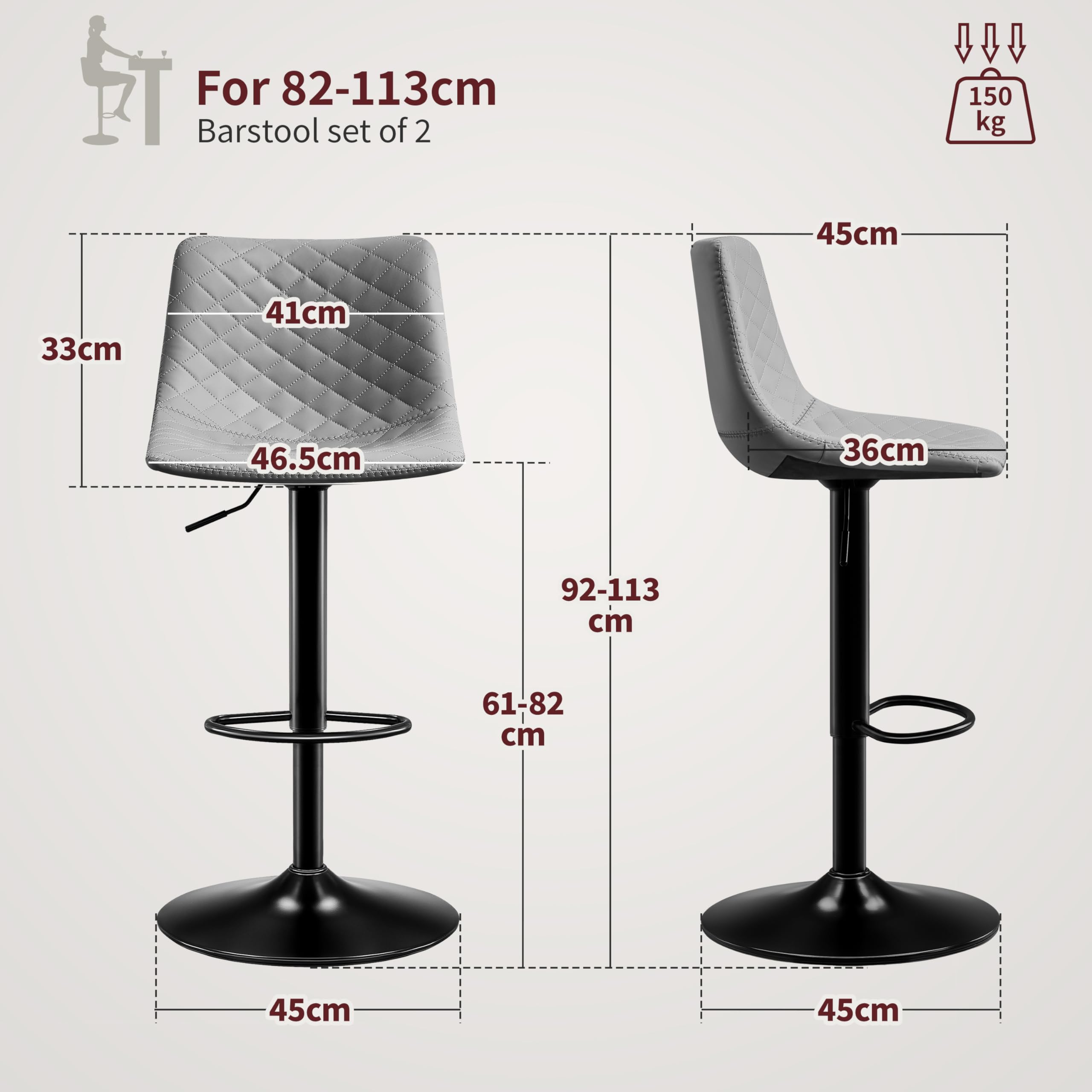 STOOLINK Chaise de Bar Lot de 2 Tabouret Bar avec Cuir Microfibre, Siège Bar Réglable pour Cuisine Chaises Bar avec Repose-Pieds pour 150kg, Convient pour Salle à Manger, Bar-Gris