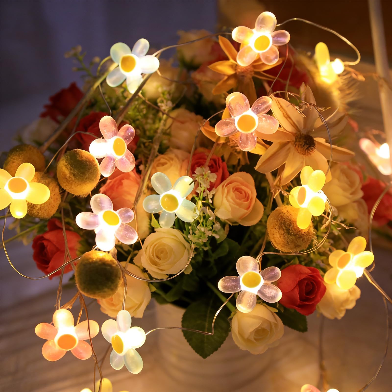 2m 20LED Lichterkette Blumen mit USB, LED Lichterkette Gänseblümchen, LED Micro Lichterkette, lichterketten für außen & innen, für Garten, Terrasse, Balkon, Bäume, Hochzeiten, Party Deko