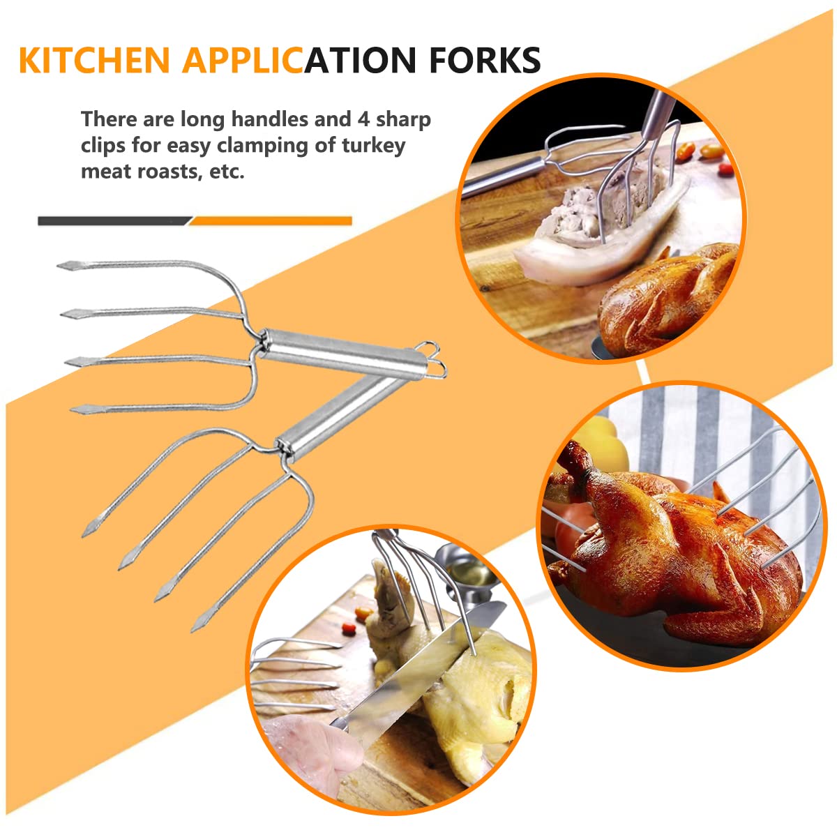 FIBOUND Stainless Steel Meat Forks (Set of 2), Silver, 25.5 x 9.5cm - Image 3