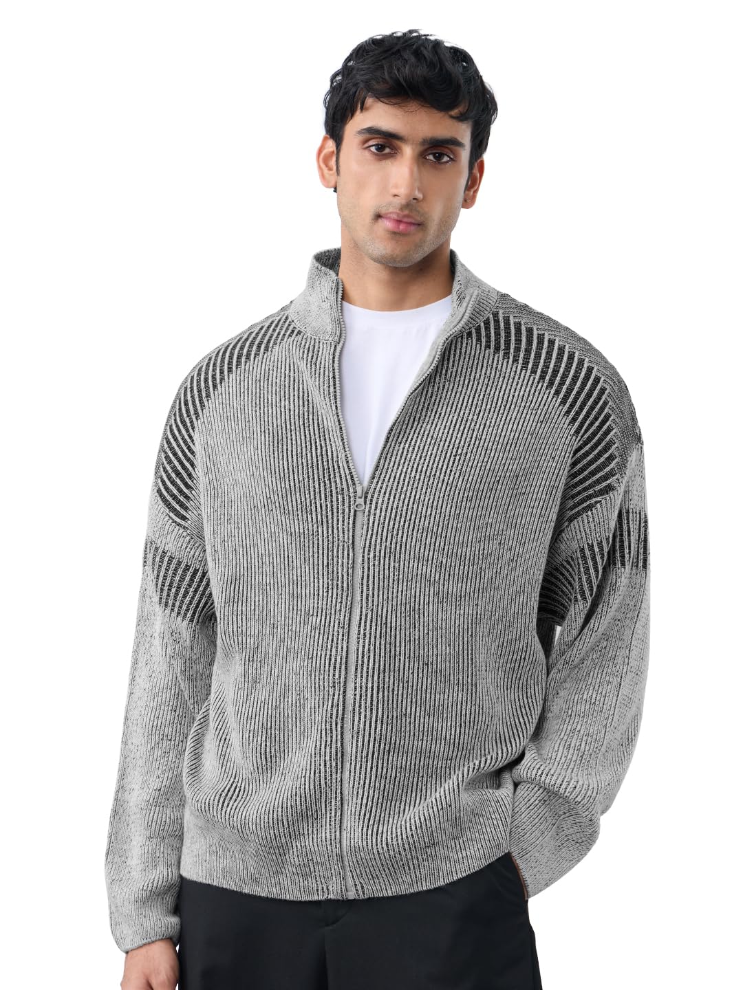 Varsity Sweater: Alpine Men and Boys Full Sleeves Mock Neck Grey and Black Ribbed Texture Acrylic Lightweight Casual Oversized Pullover Sweater-image-37