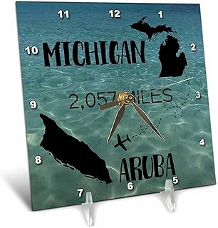 3dRose 6x6 Desk Clock - Flight Distance from Michigan to Aruba on Caribbean Sea Background. Stamp City - Typography