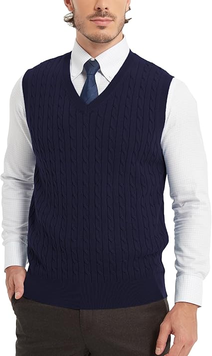 Kallspin Heren katoenen trui vest V-hals kabel gebreide mouwloze trui casual trui gebreide gilet, Blauw, L