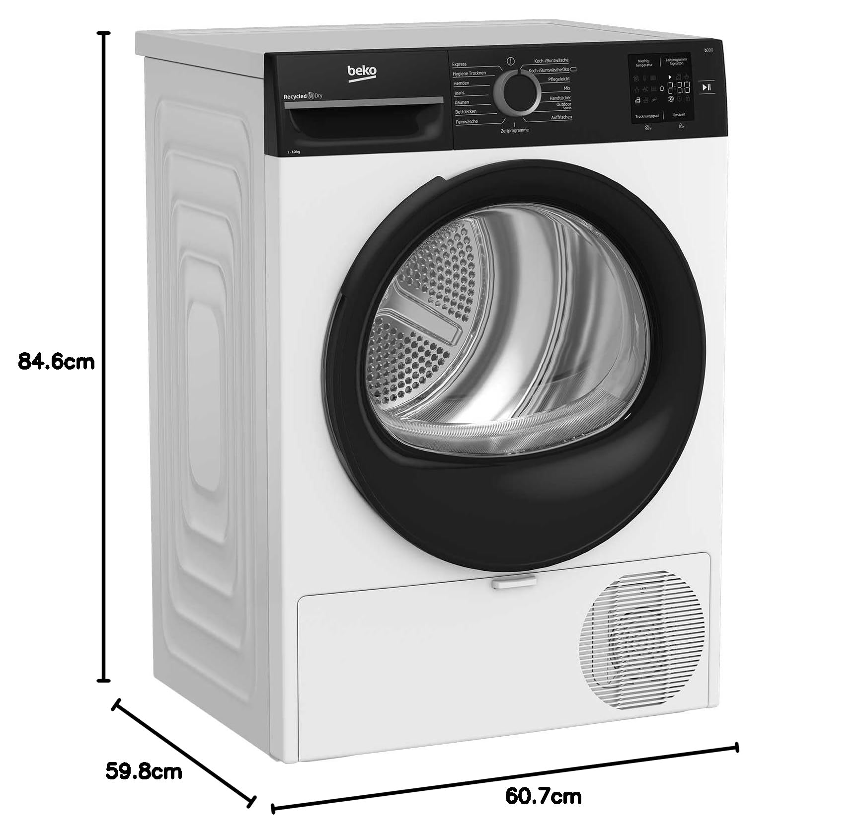 Beko BM3T30230W Wäschetrockner, 10 kg, Frontlader Wärmepumpentrockner, 15 Programme, Sensortrocknung, Säulenfähig, Aquawave Schontrommel, Weiß
