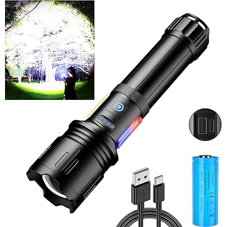 ASORT Taschenlampe Led 30000 Lumen, USB Aufladbar Extrem Hell Taktische Taschenlampen Mit 2 COB-SeiteLampe, IPX67 Wasserdicht, Hauptlicht + SeiteLampe 10 Lichtmodi, für Camping Und Hausbeleuchtung